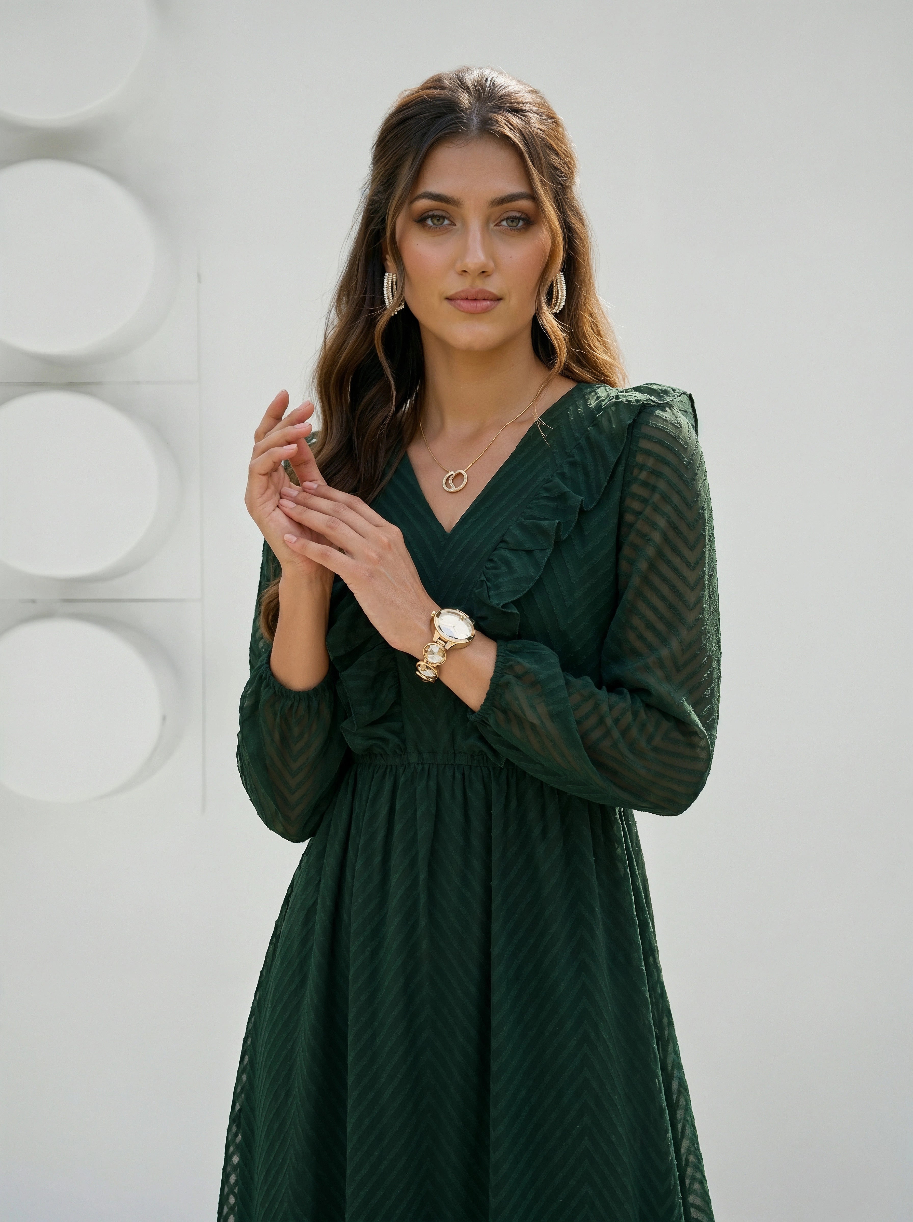 Woman wearing a green dress with a white background