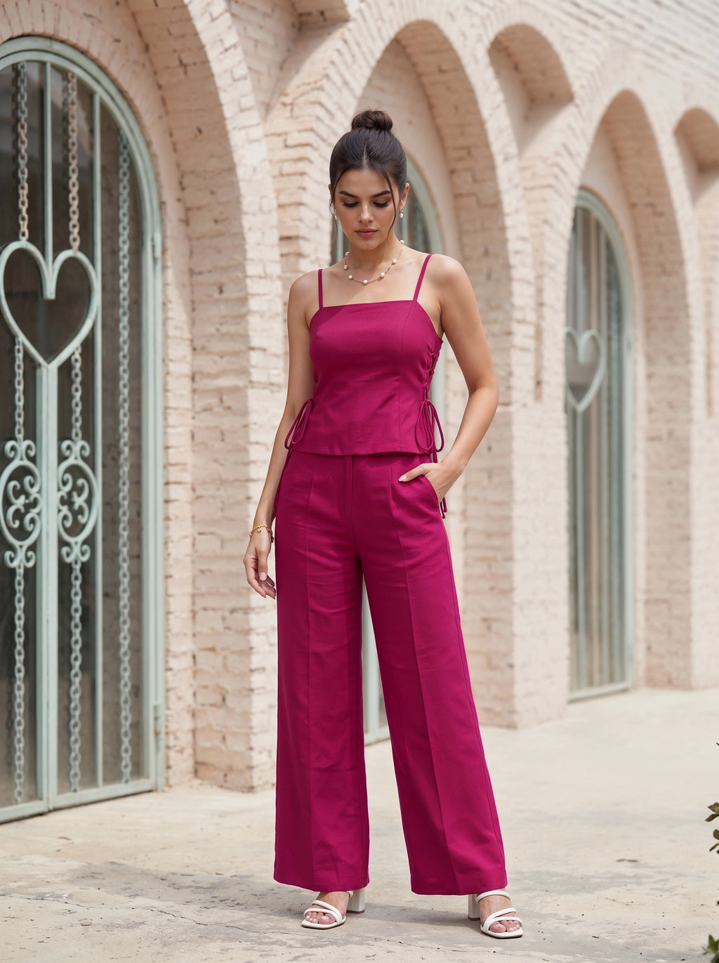 A woman wearing a magenta two-piece jumpsuit with a peplum top and wide-leg pants, standing outdoors in front of a beige brick building with arched windows.