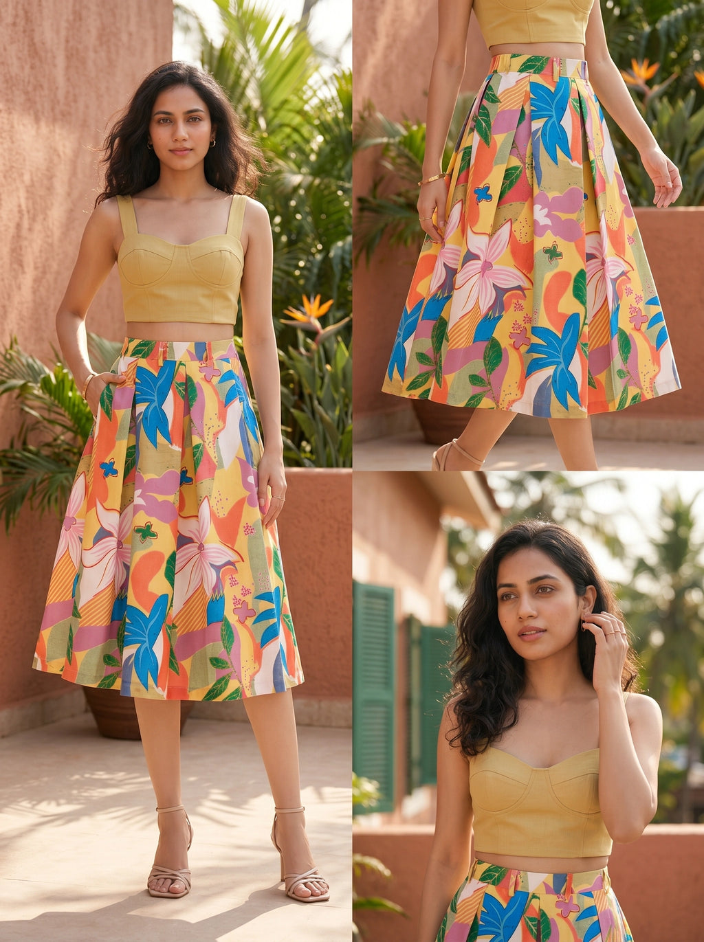 Woman wearing a yellow top and colorful floral skirt outdoors.