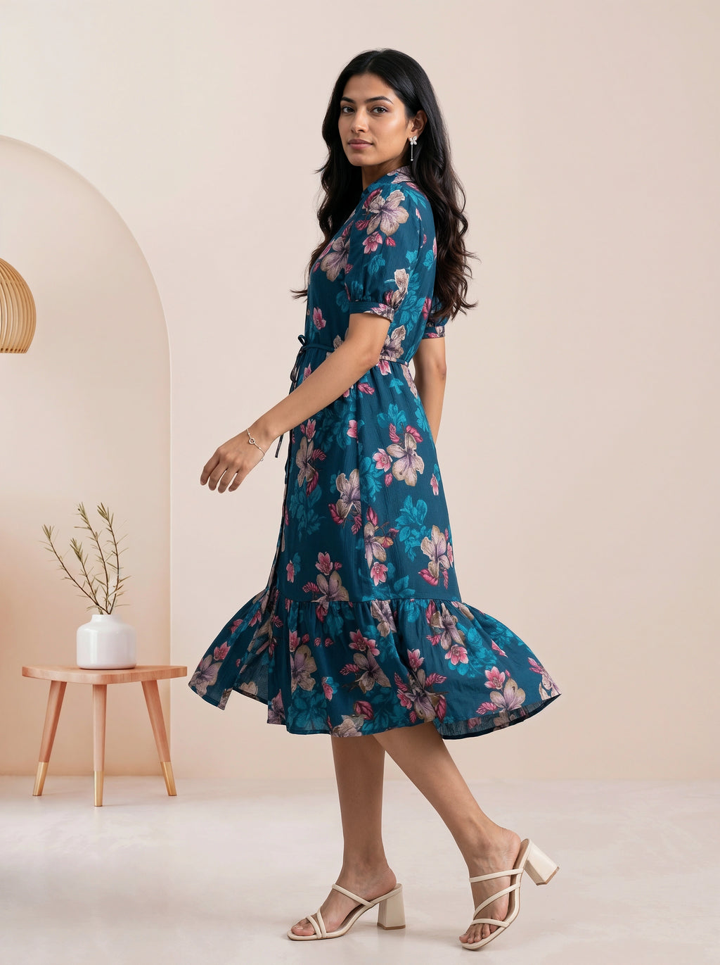 A woman modeling a navy blue tiered midi dress with sheer patterned sleeves and a button-front bodice, posed against a warm beige backdrop with draped cream fabric.