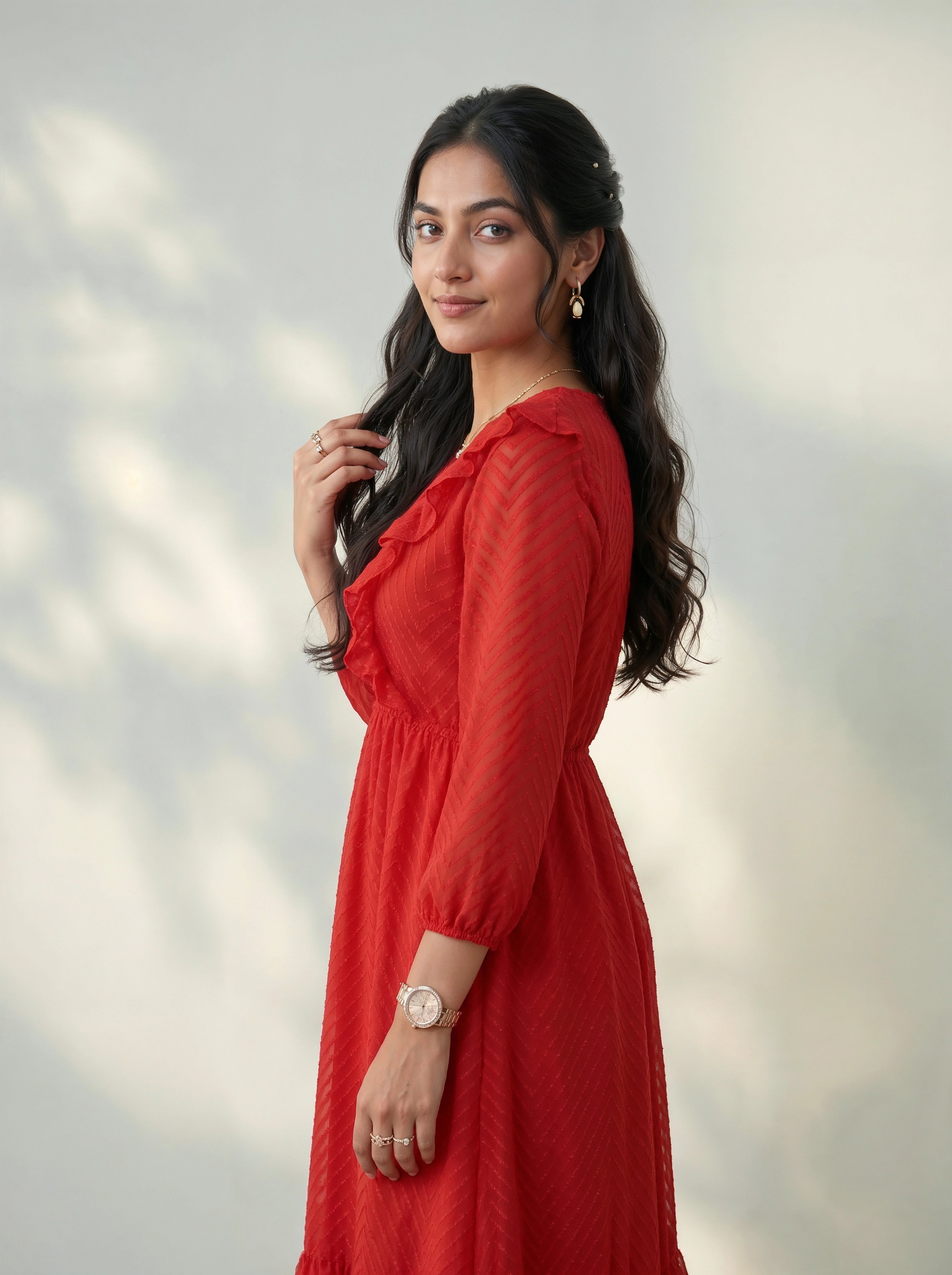 Woman in a red dress standing against a light background