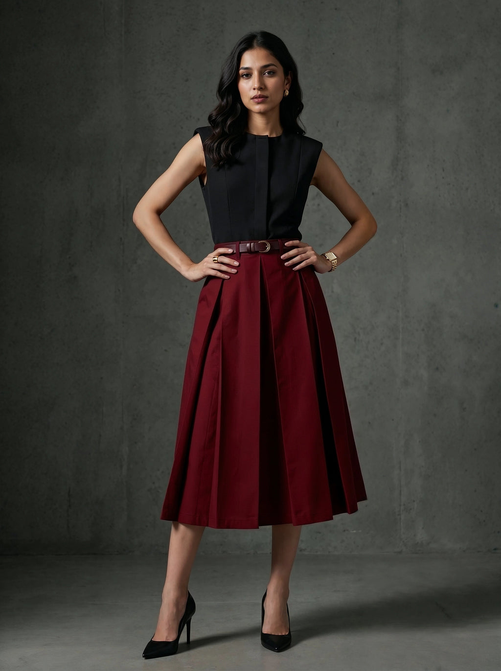 Woman wearing a black top and red skirt against a gray background