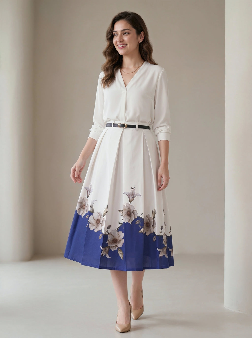 Woman wearing a white dress with floral pattern on a plain background