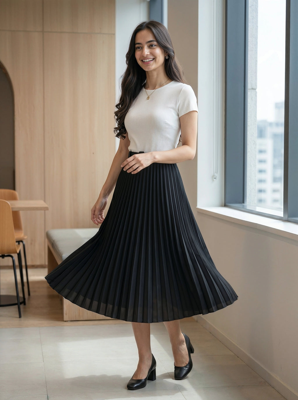 Woman in a white top and black pleated skirt standing indoors near a window.