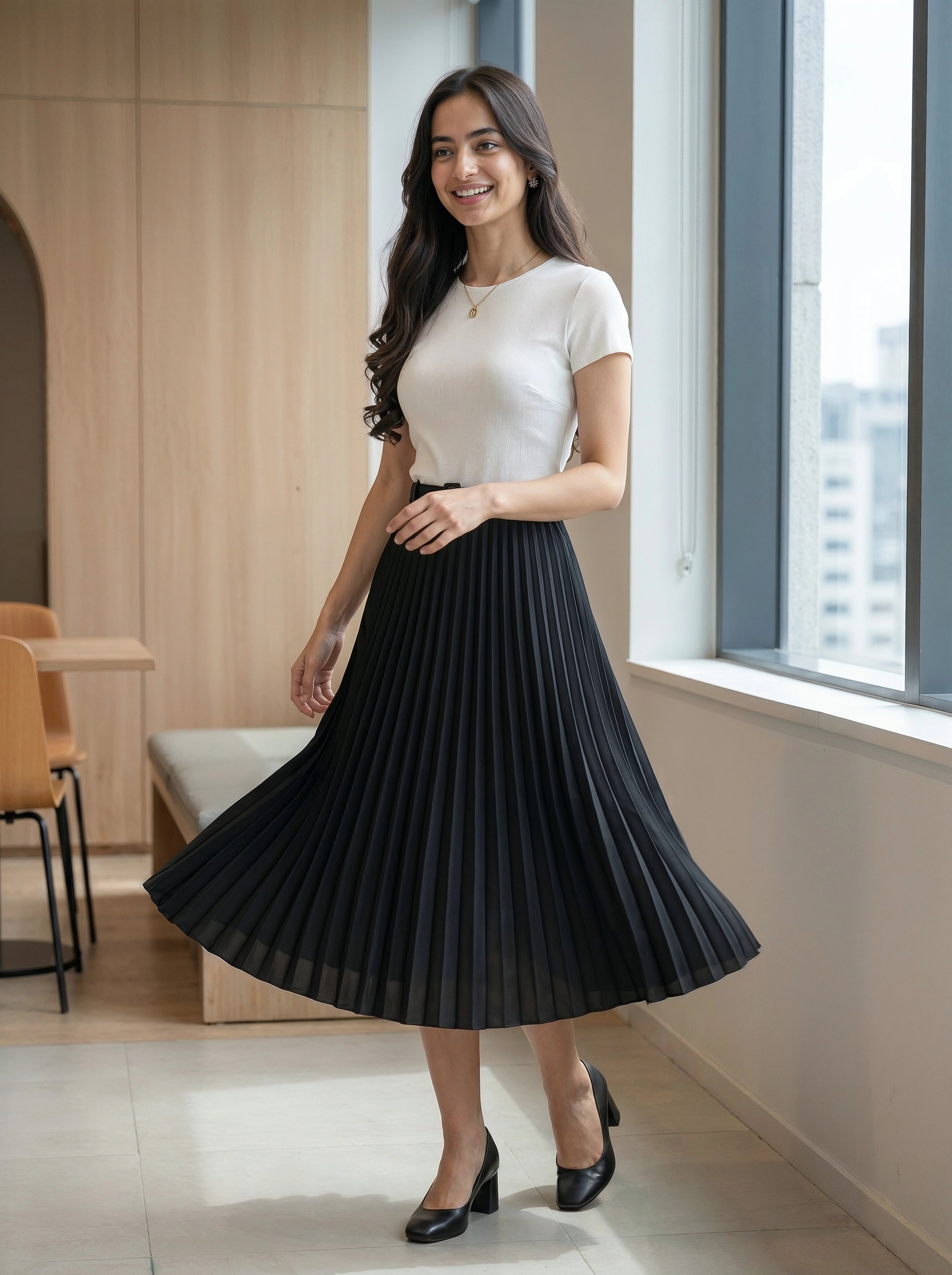 Woman in a white top and black pleated skirt standing indoors near a window.