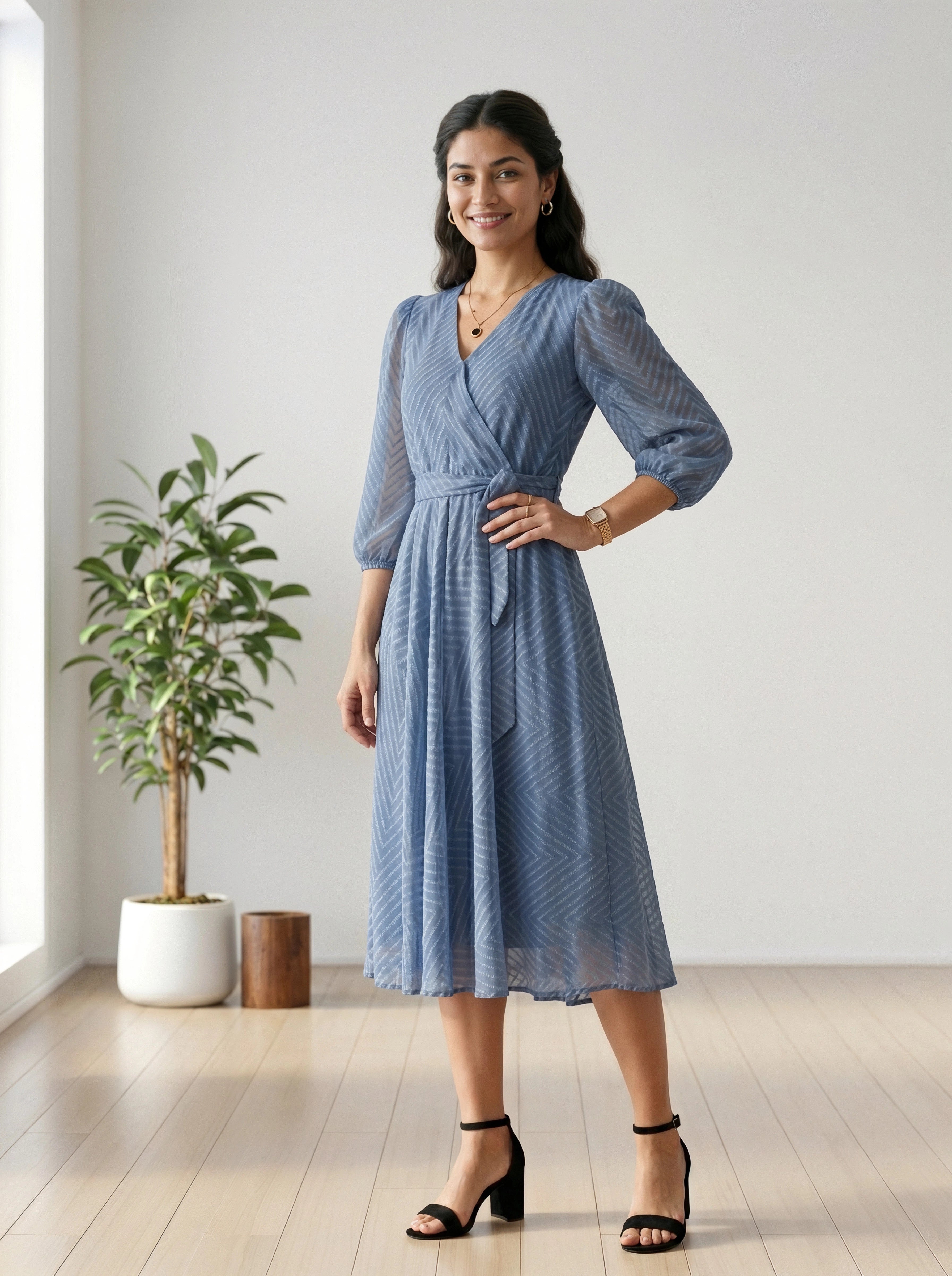 Woman wearing a blue dress standing in a bright room with a plant and wooden stool.