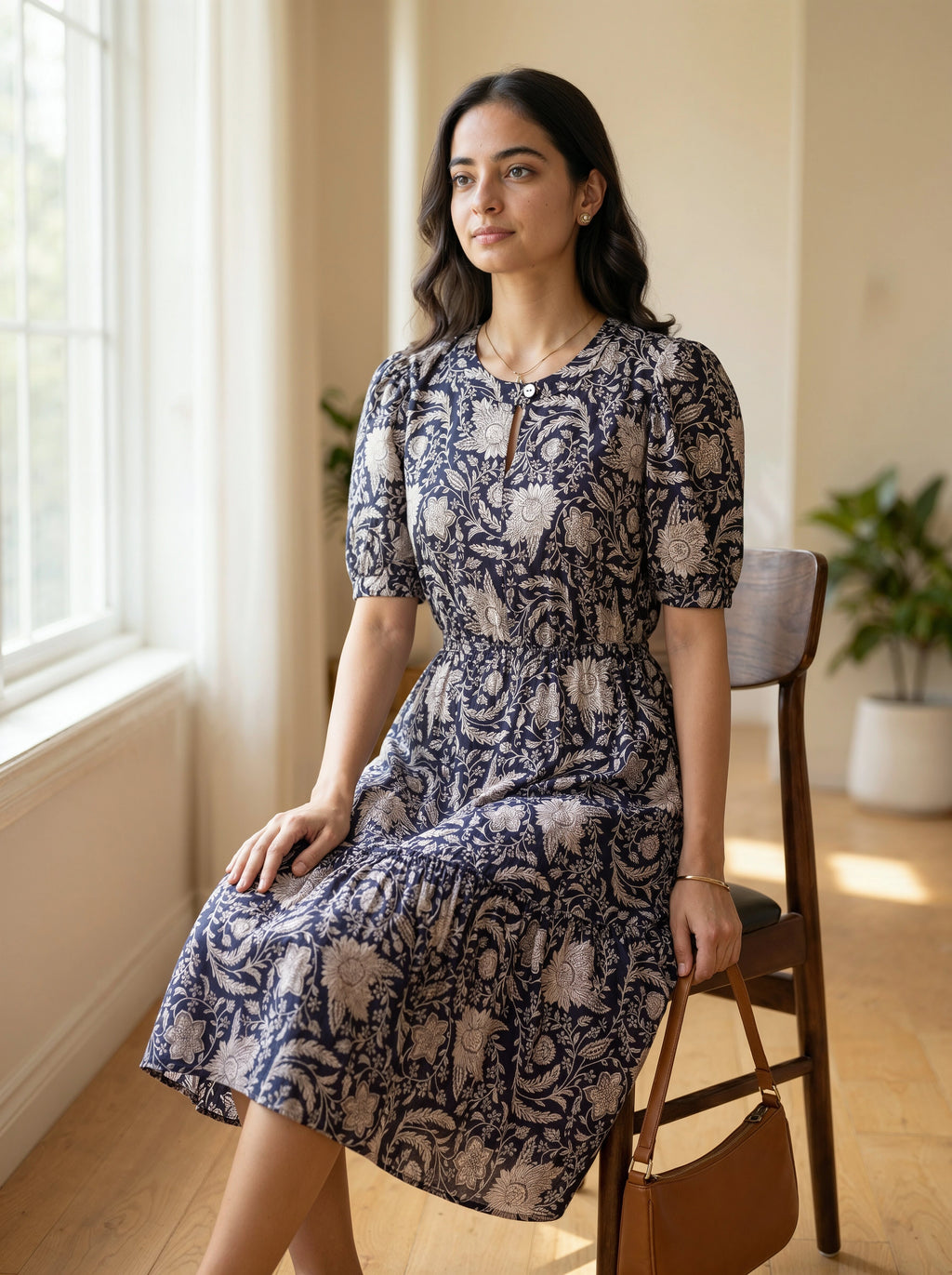 Woman in a blue floral dress sitting on a chair by a window