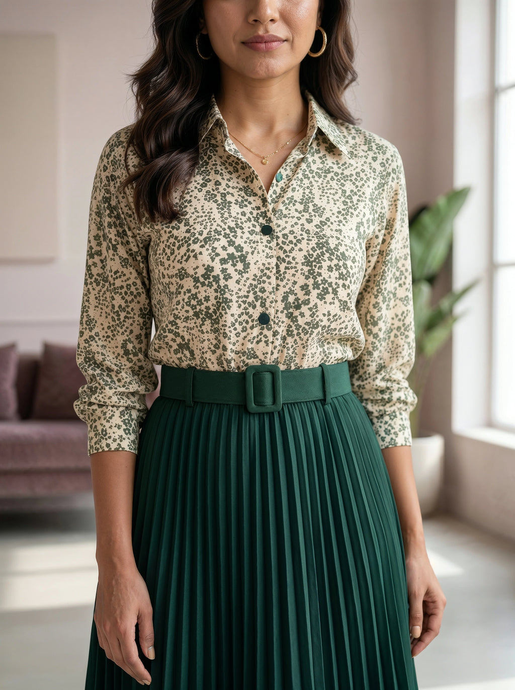 Woman wearing a floral blouse and green pleated skirt in a room with a couch and plant.