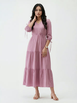Dusty Pink Tiered Midi Dress with Tie-Up Sleeves