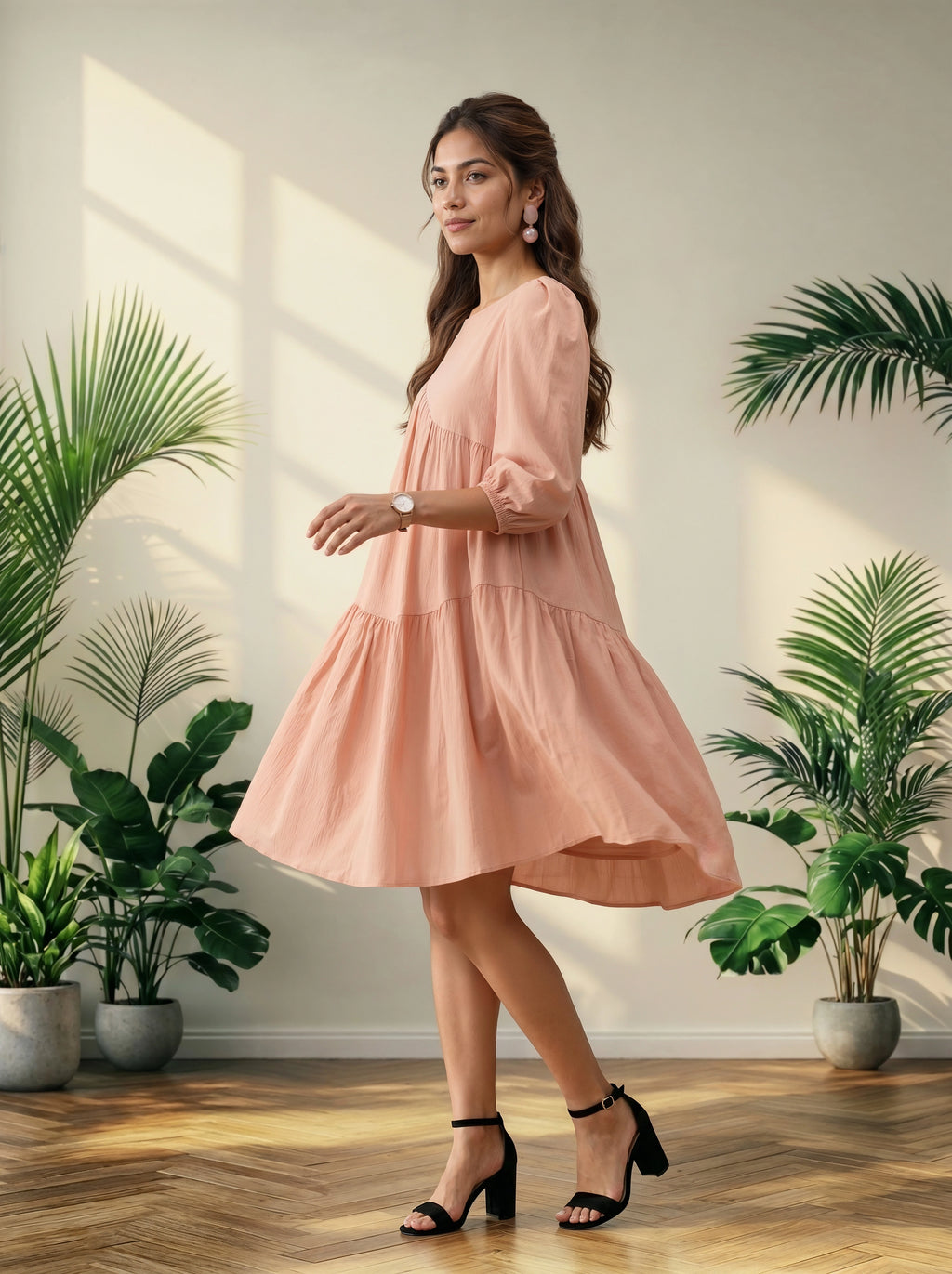 Woman in a pink dress standing in a room with plants