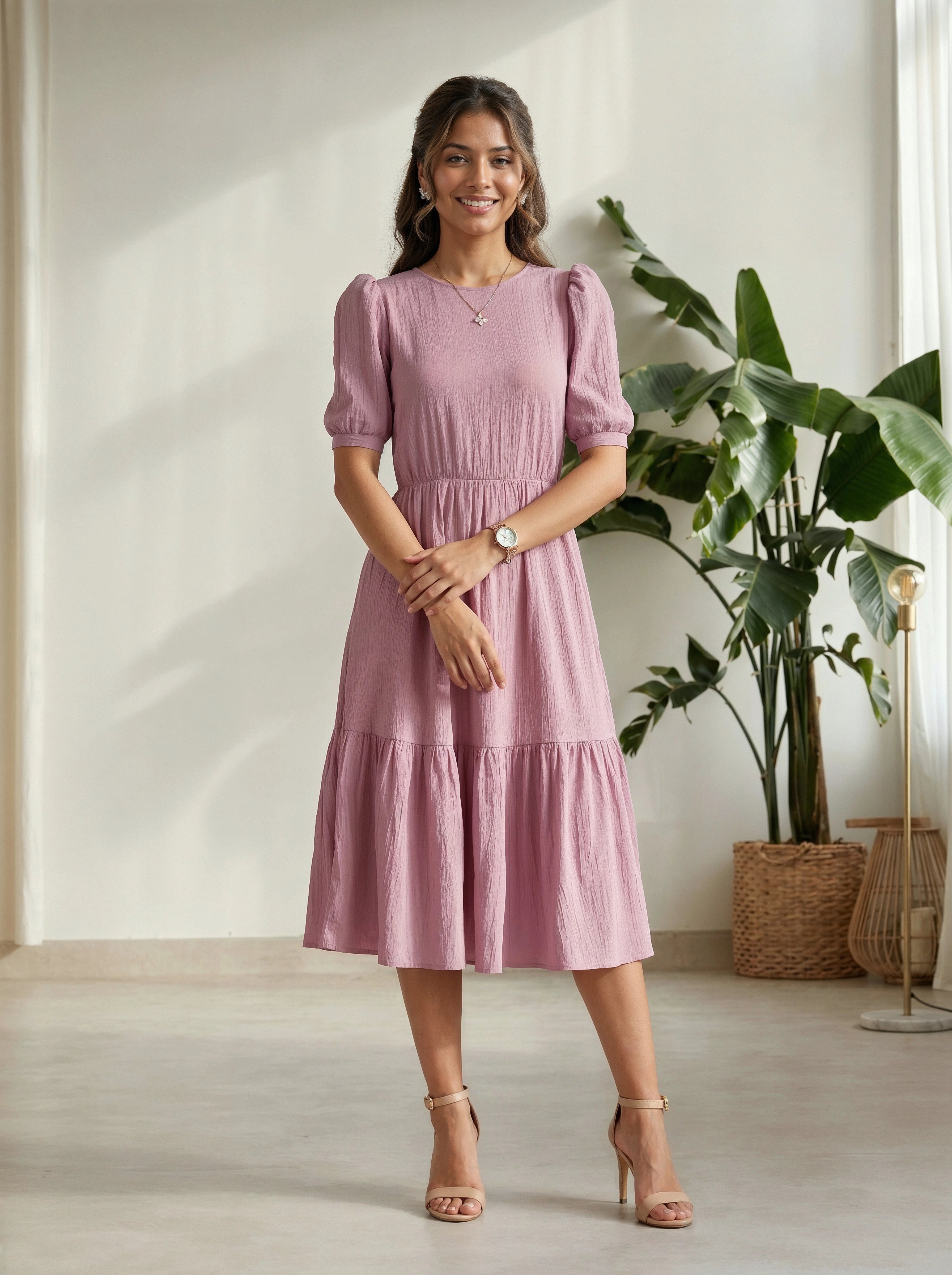 Woman wearing a pink dress standing in a room with a plant and light-colored floor.
