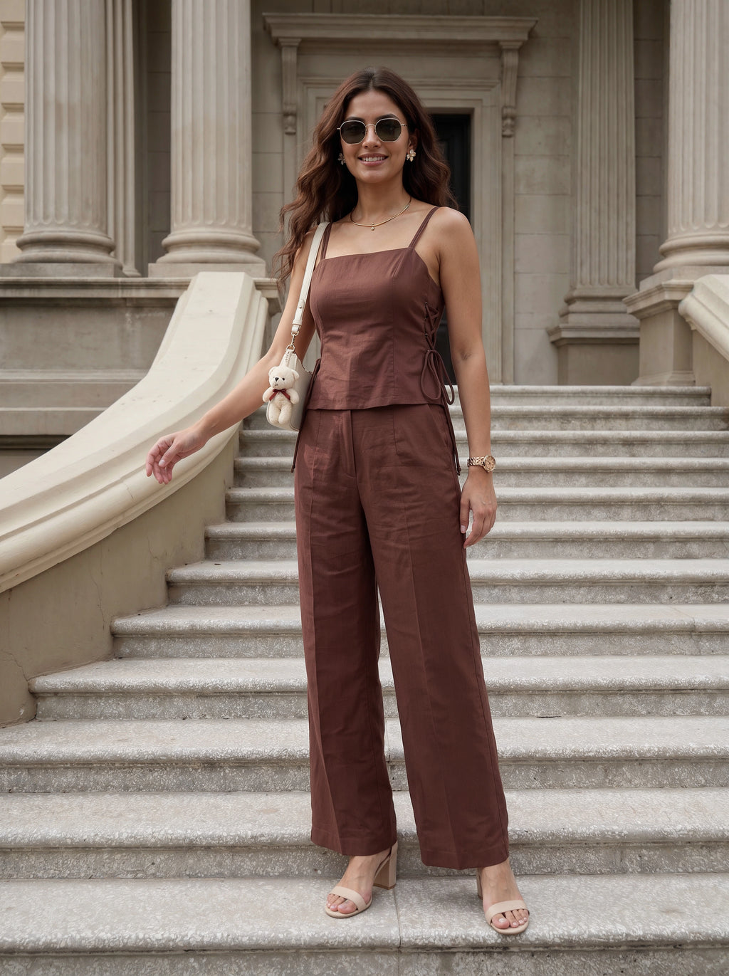 A woman stands on stone steps in front of a classical building with columns, wearing a rust-brown sleeveless camisole top and matching wide-leg pants. She is carrying a cream shoulder bag and wearing beige heeled sandals.