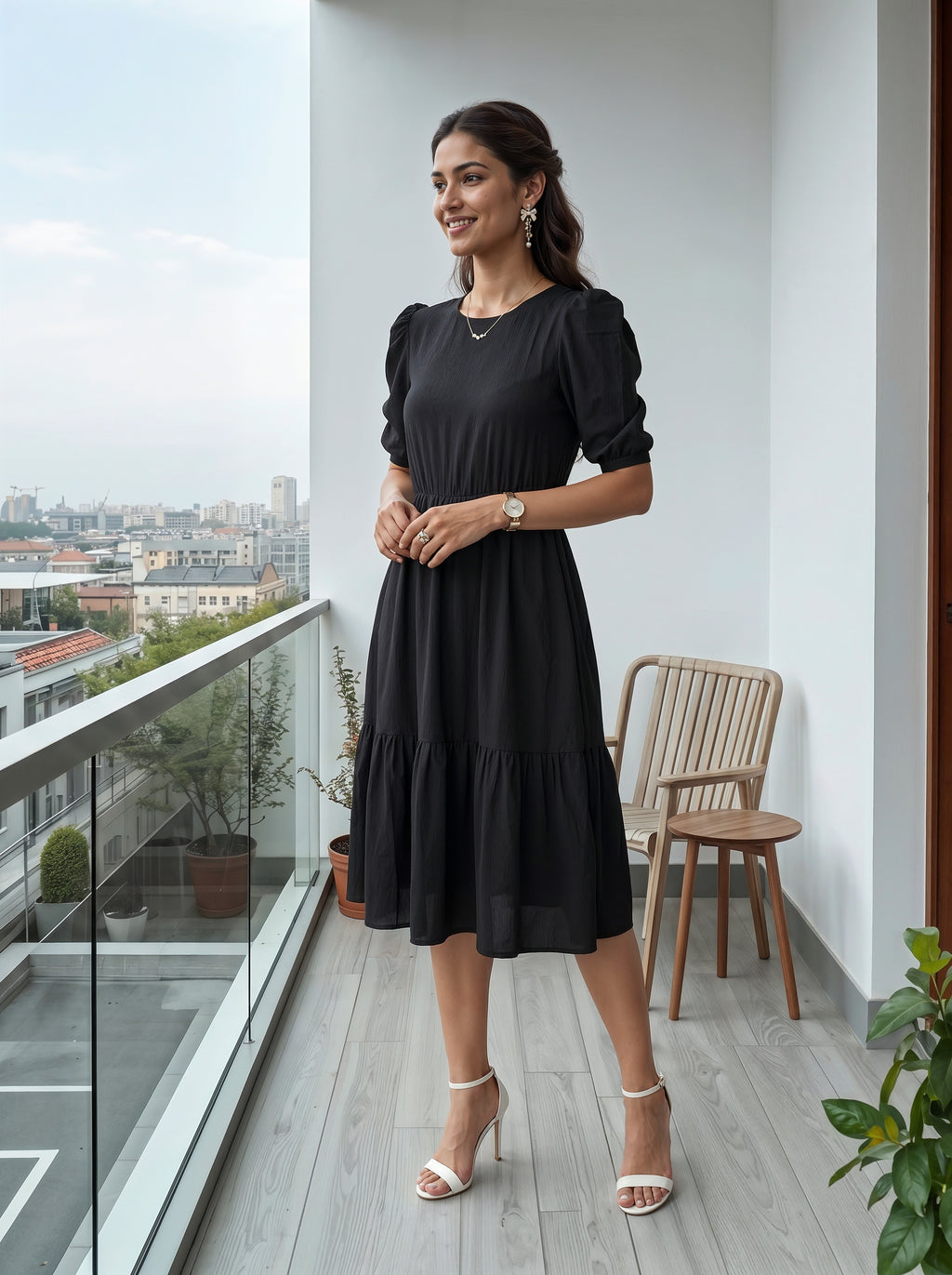 Woman in a black dress standing on a balcony with a cityscape view.
