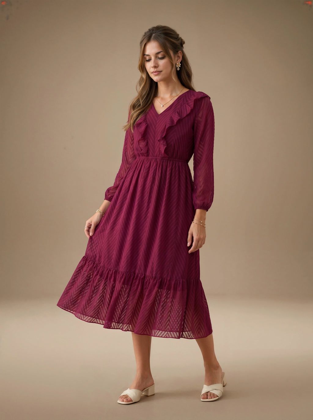 Woman wearing a burgundy dress against a beige background