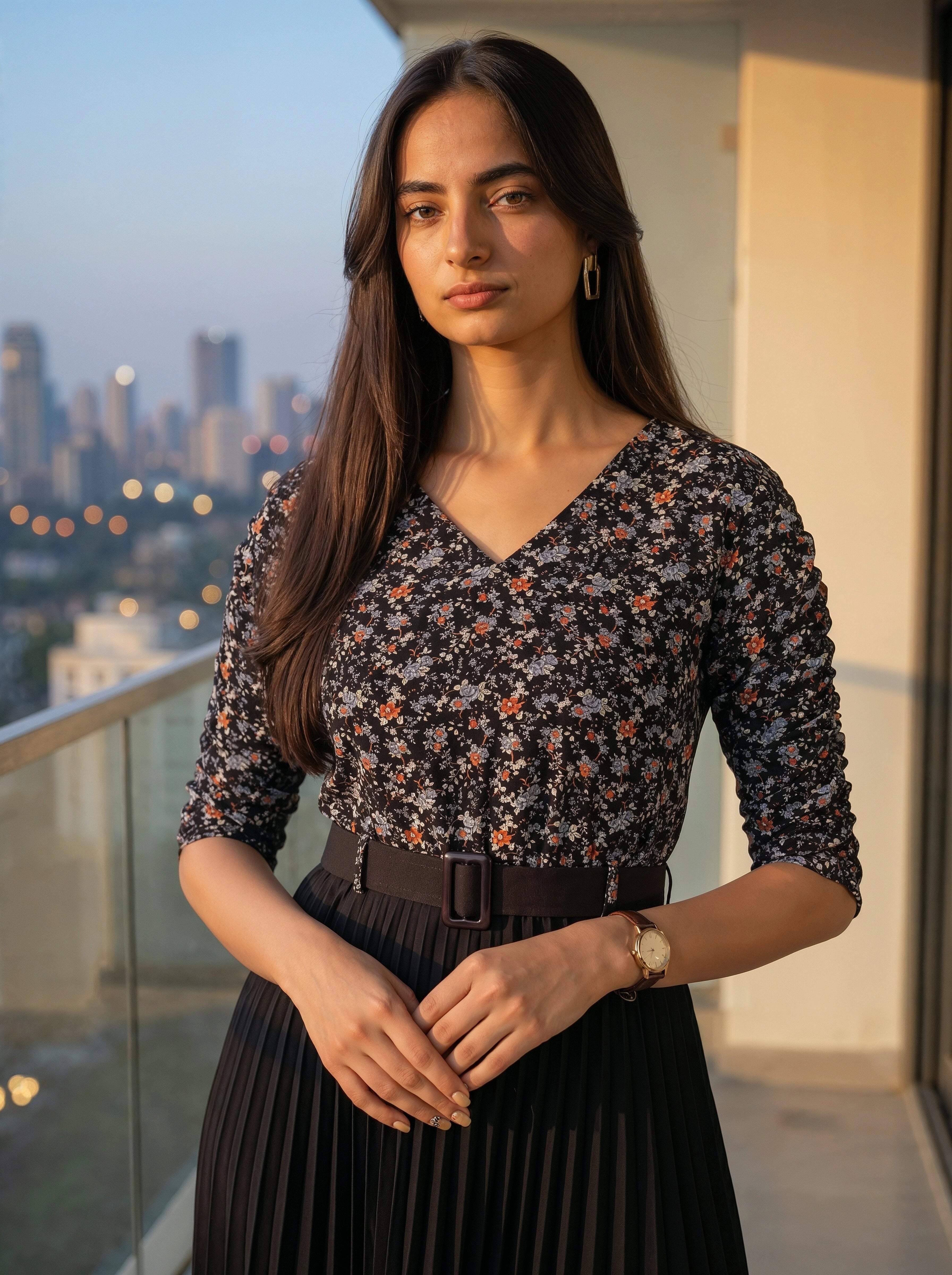 Woman standing on a balcony with a cityscape in the background