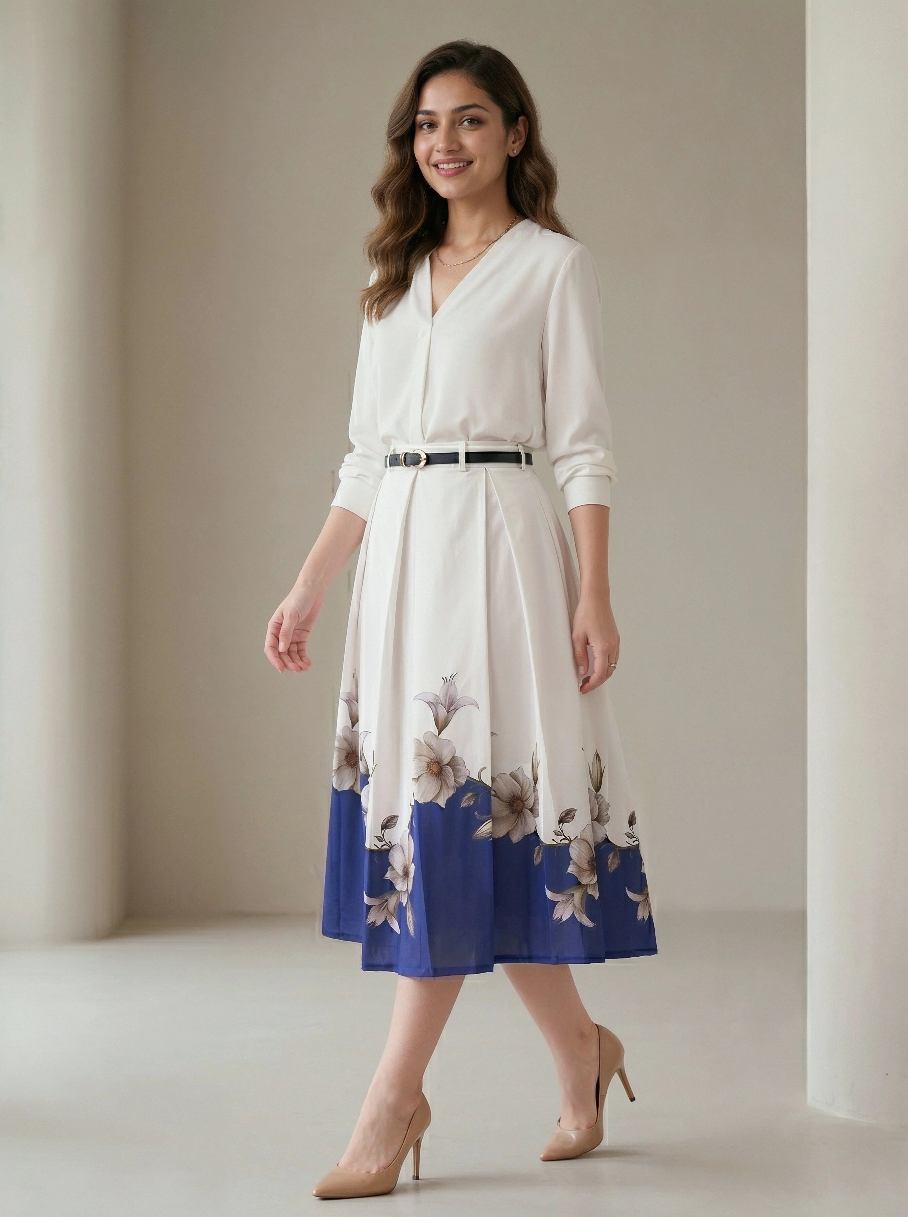 Woman wearing a white dress with floral patterned hem against a plain background