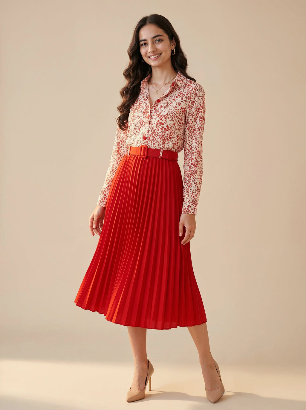Woman wearing a red pleated skirt and floral blouse on a beige background