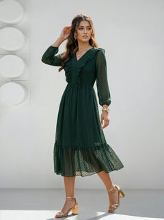 Green Midi Dress with V-Neckline