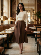 Woman in a stylish outfit standing in a restaurant.