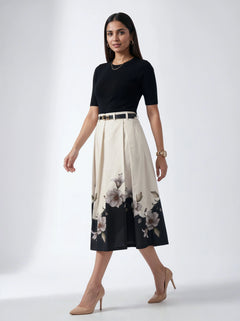 Cream and black floral printed A-line skirt