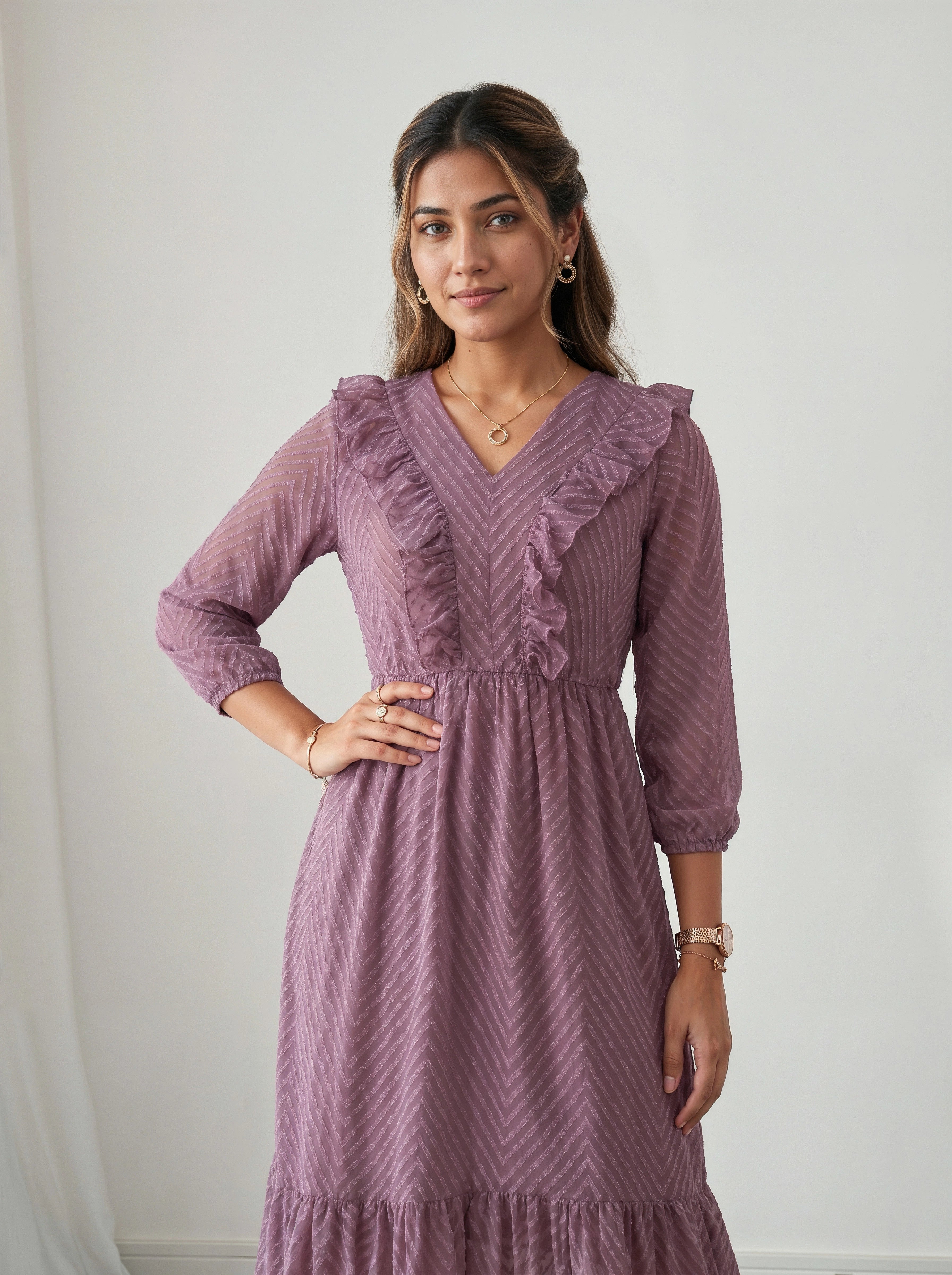 Woman wearing a purple dress with ruffled details against a plain background