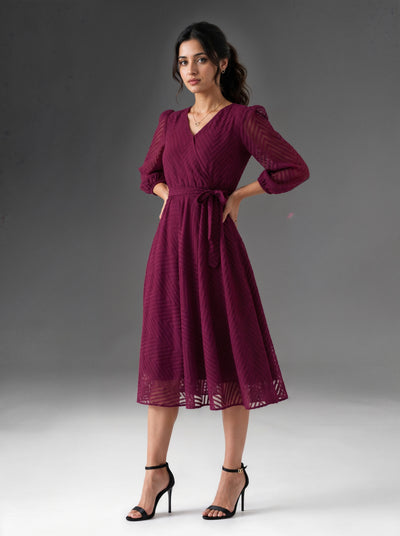 Berry Wine Wrap Neck Tie-Waist Dress