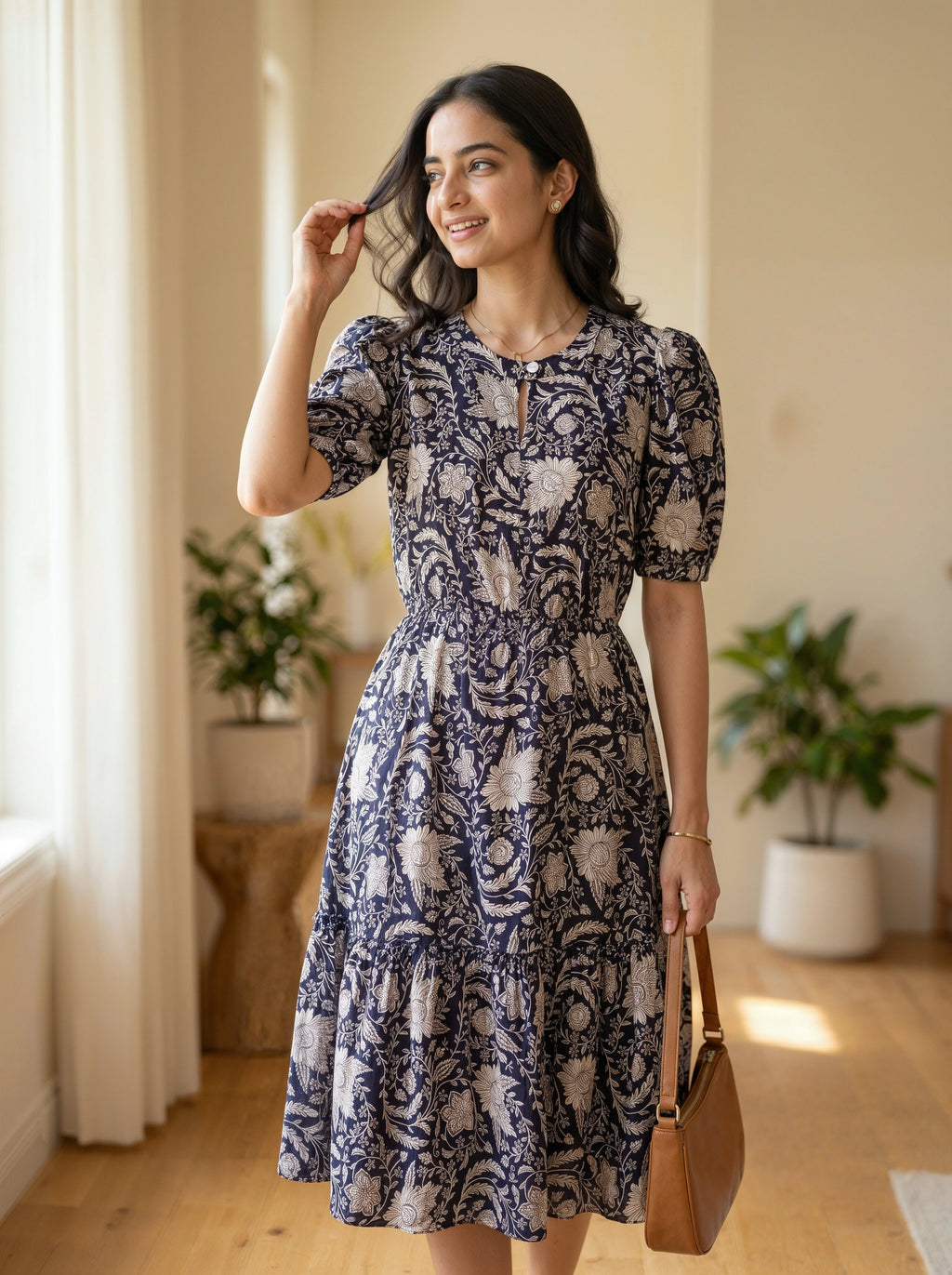 Woman wearing a blue patterned dress in a bright room with plants.