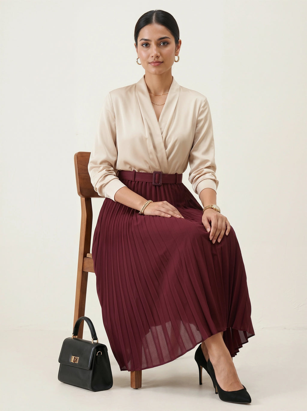 Woman sitting on a chair wearing a beige blouse and burgundy pleated skirt with a black handbag on a white background.