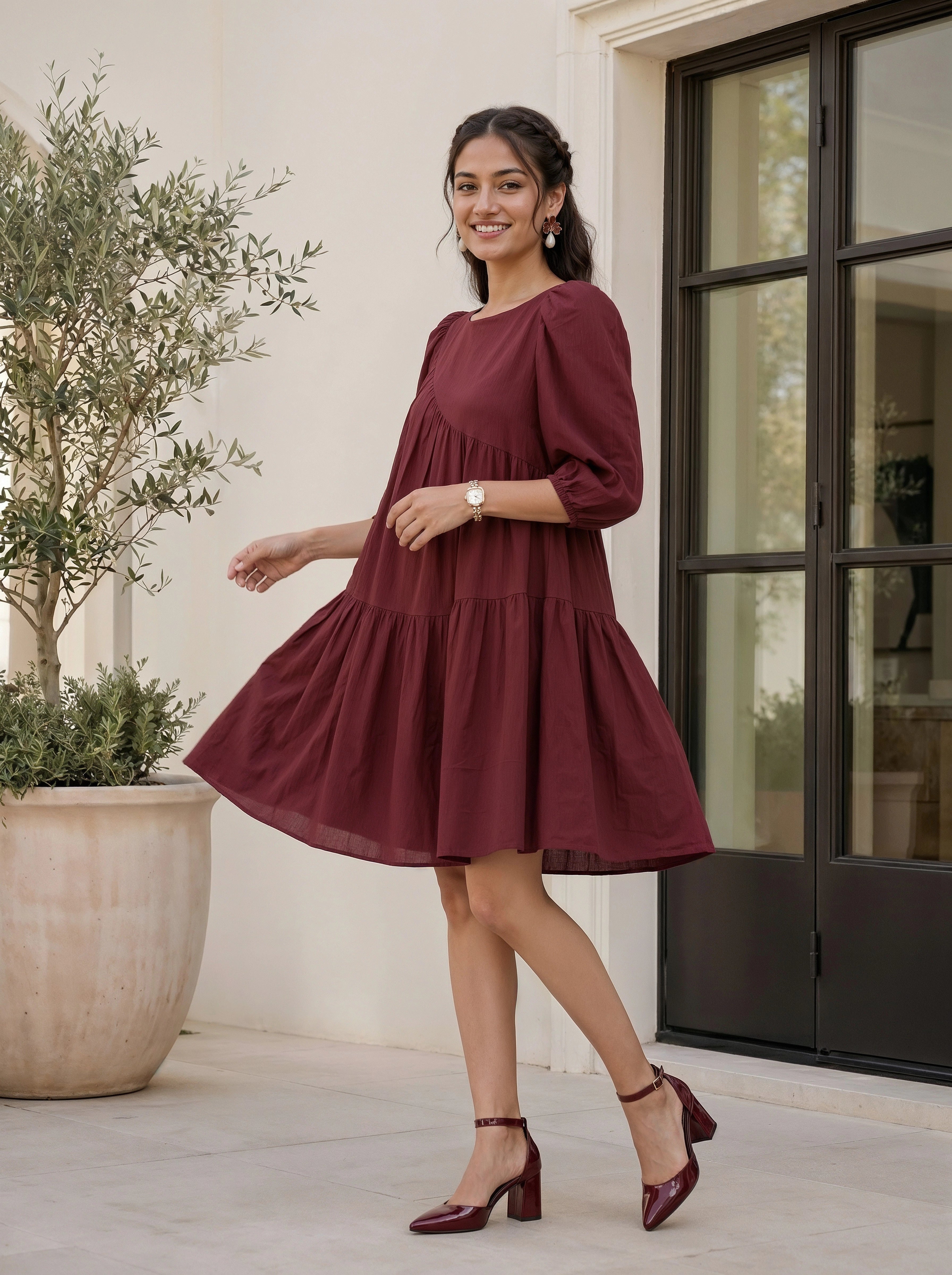 burgundy smock dress boohoo Women's Chiffon Lace Detail Smock Dress in Burgundy