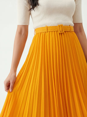 Mustard Yellow Pleated Skirt with Belt