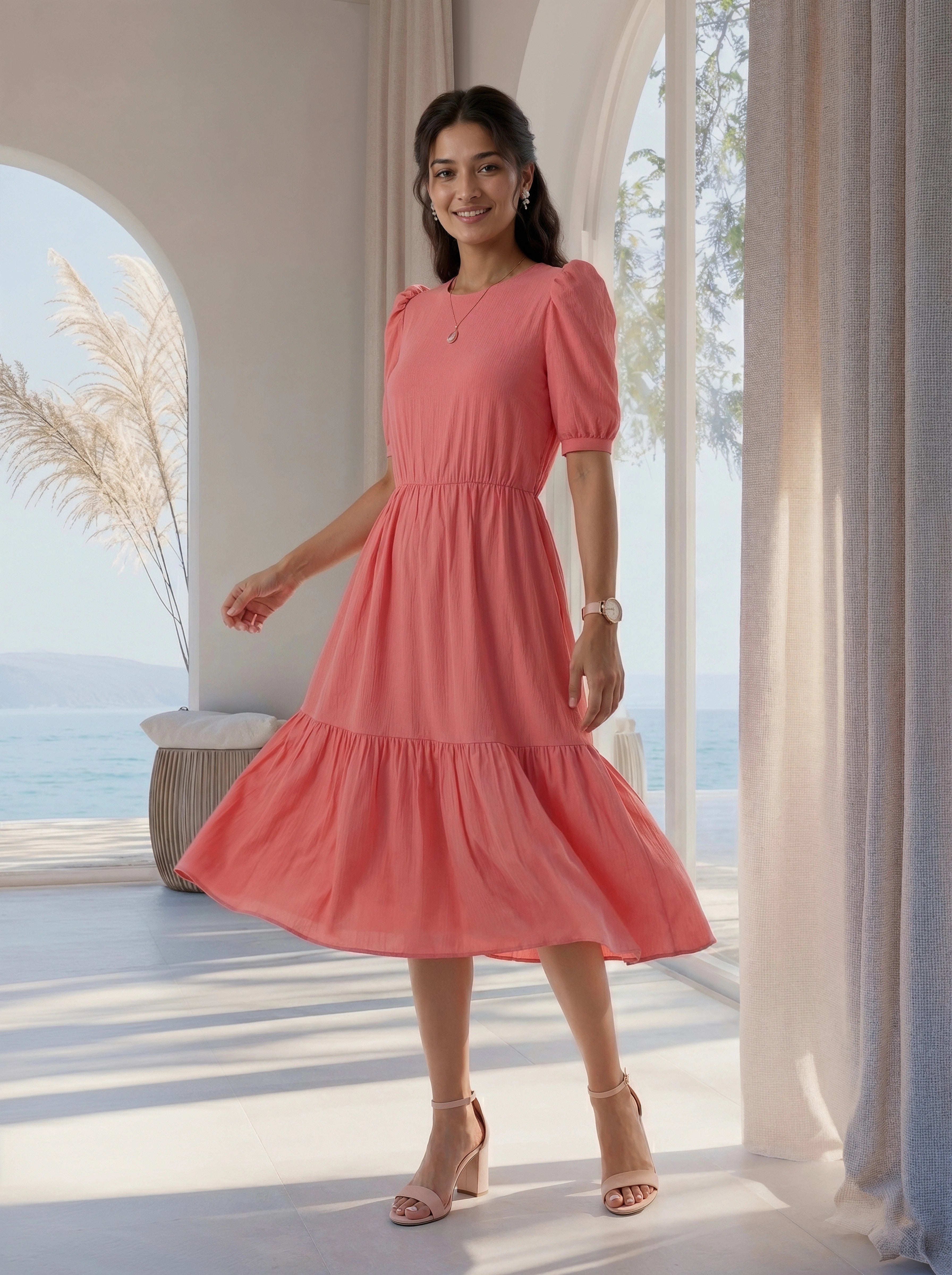 Woman in a pink dress standing in a bright room with large windows.