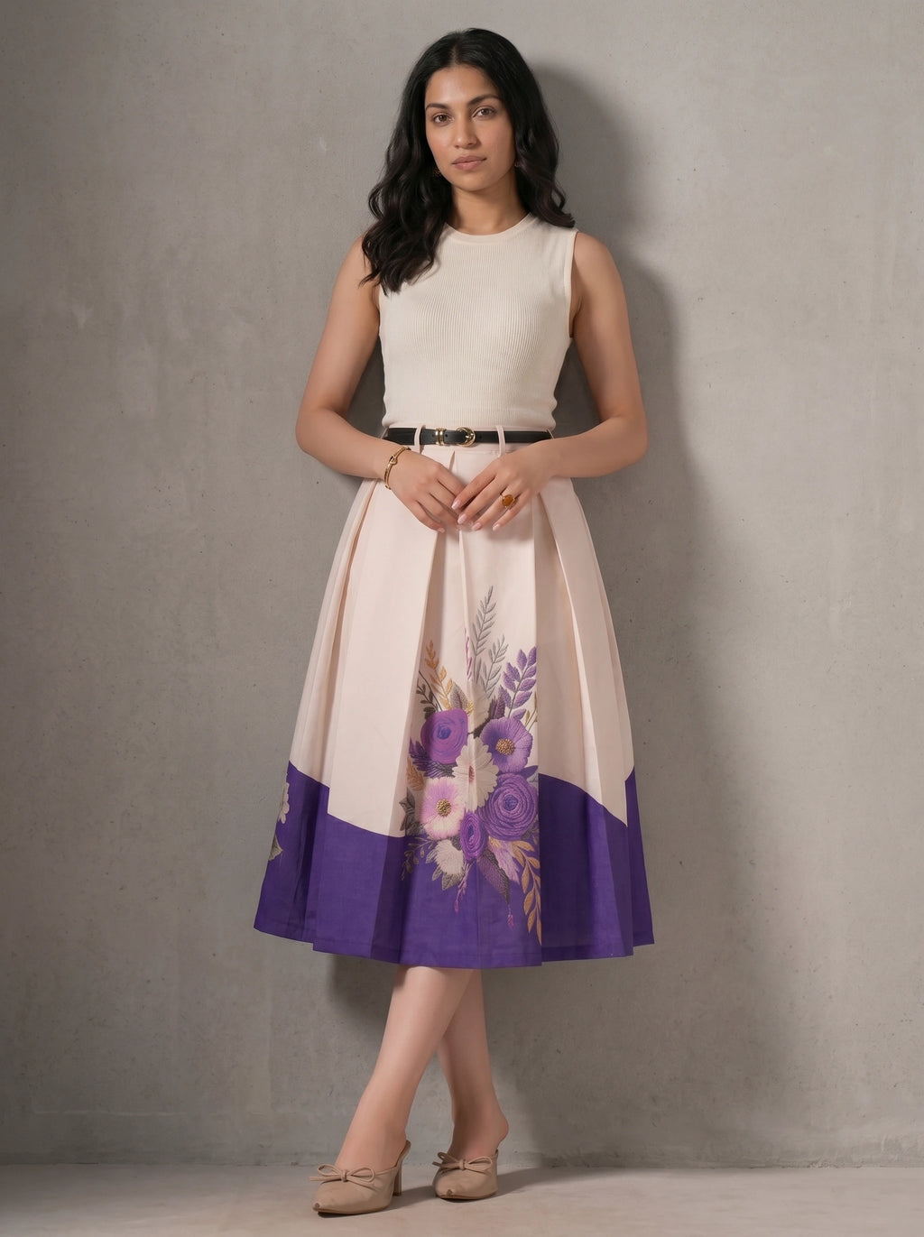 Woman wearing a cream dress with floral design and purple bottom half against a gray background