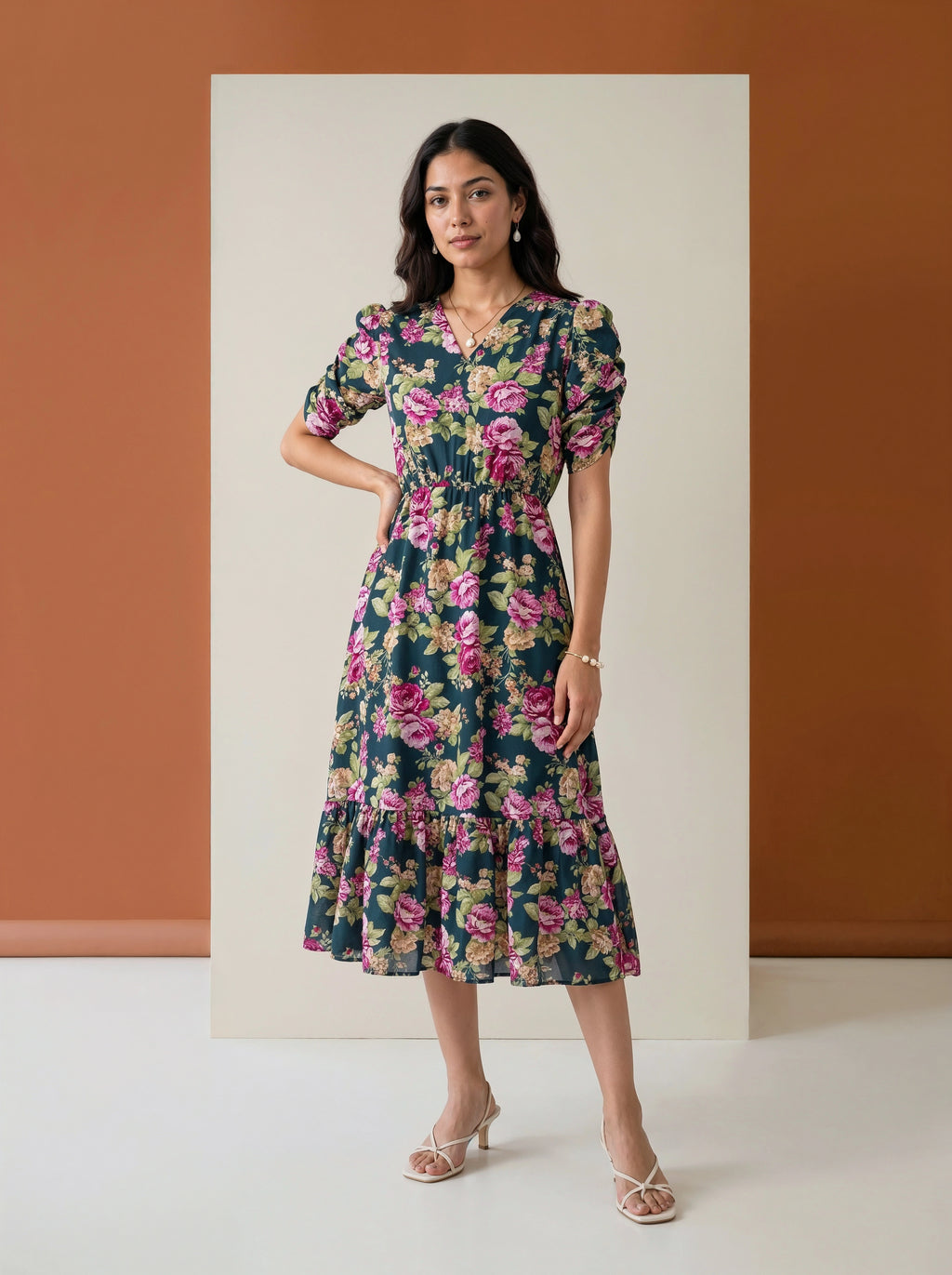 A woman modeling a short-sleeve midi dress with a dark teal floral print featuring pink, purple, and green flowers, standing in front of a minimalist studio backdrop with a terracotta-colored wall and a cream-colored panel.