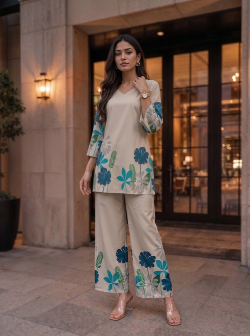 A woman modeling a dusty pink tiered dress with three-quarter puff sleeves, standing in a sunlit courtyard with beige walls and a large potted plant.
