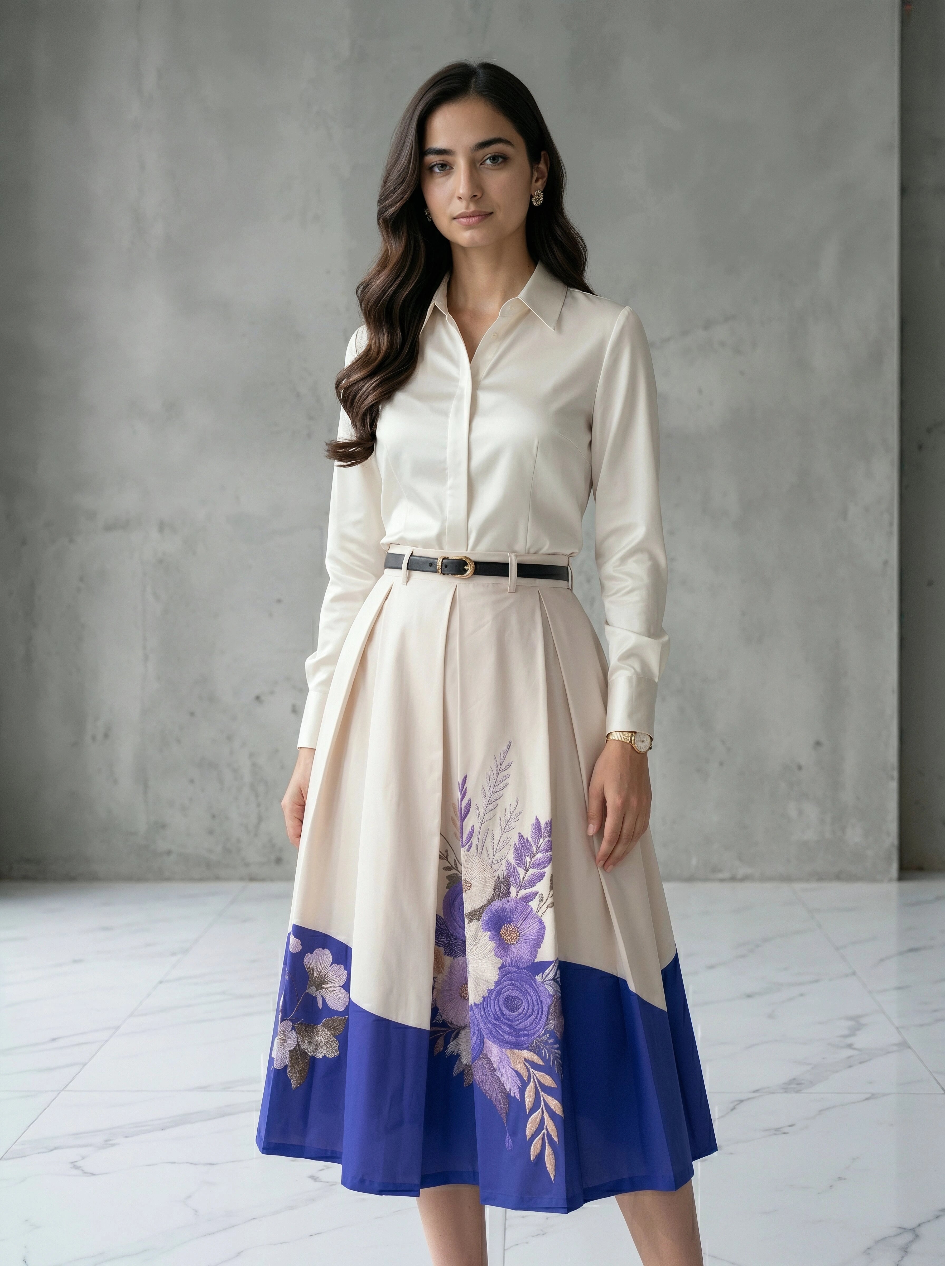 Woman wearing a white blouse and a long dress with floral patterns against a gray concrete wall.