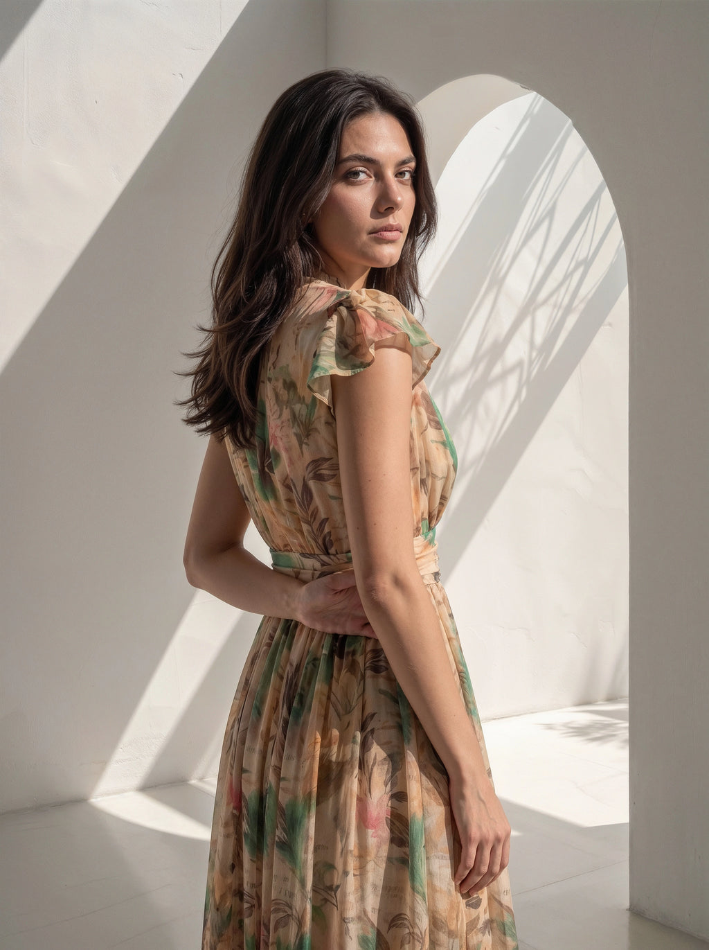 A woman wearing a sleeveless, knee-length dress with a botanical floral print in beige, green, and pink, standing in a bright white architectural setting with dramatic shadows.