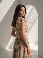 A woman wearing a sleeveless, knee-length dress with a botanical floral print in beige, green, and pink, standing in a bright white architectural setting with dramatic shadows.