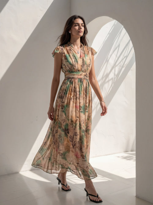 A woman models a sleeveless, midi-length maxi dress with a tropical floral print in beige, green, and orange tones. She is standing in a minimalist white room with architectural arches casting shadows on the wall and floor.