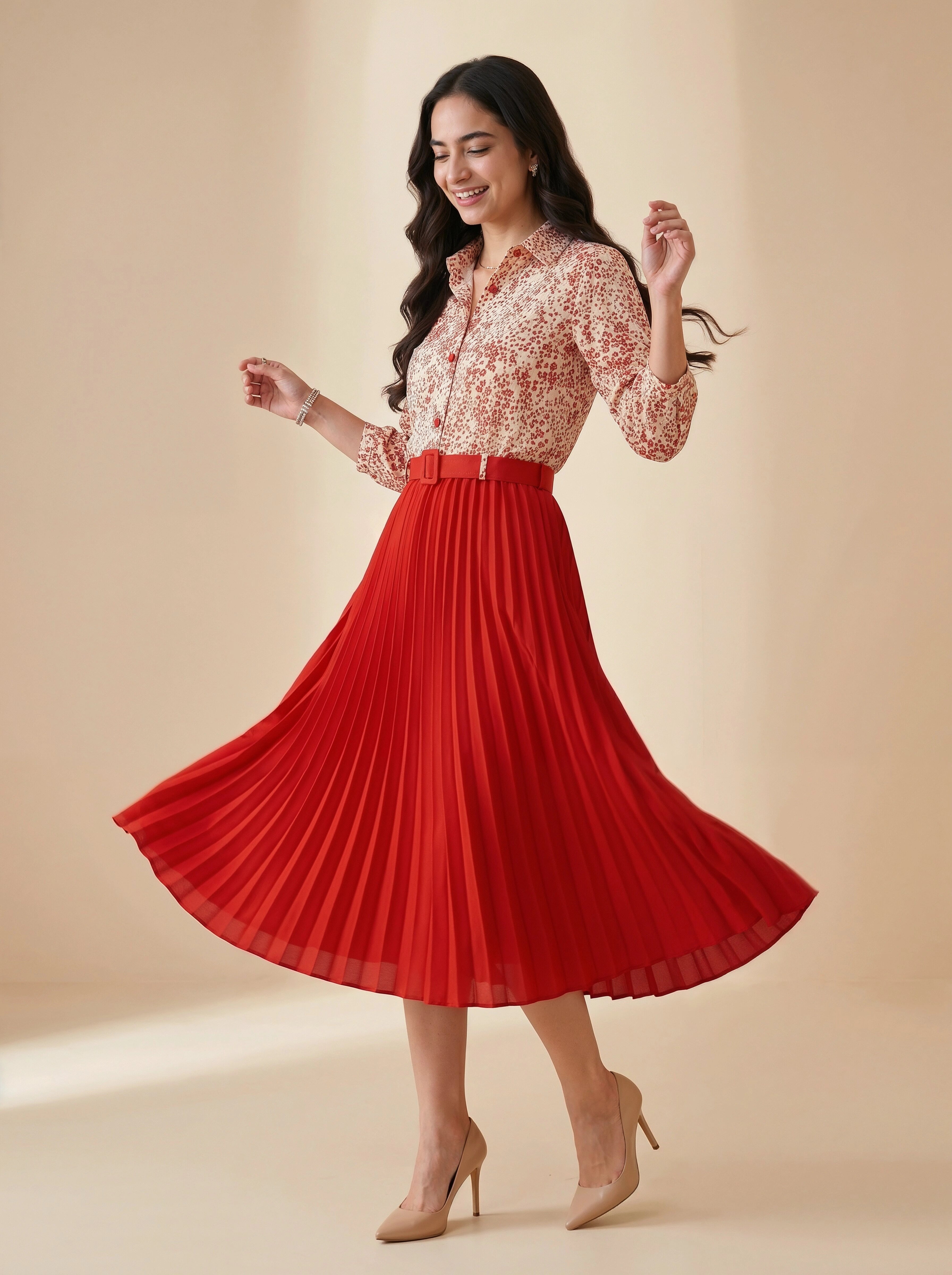 Woman wearing a floral blouse and red pleated skirt on a beige background