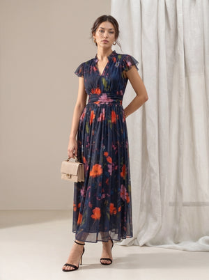 Navy Floral Print Flutter Sleeve Midi Dress