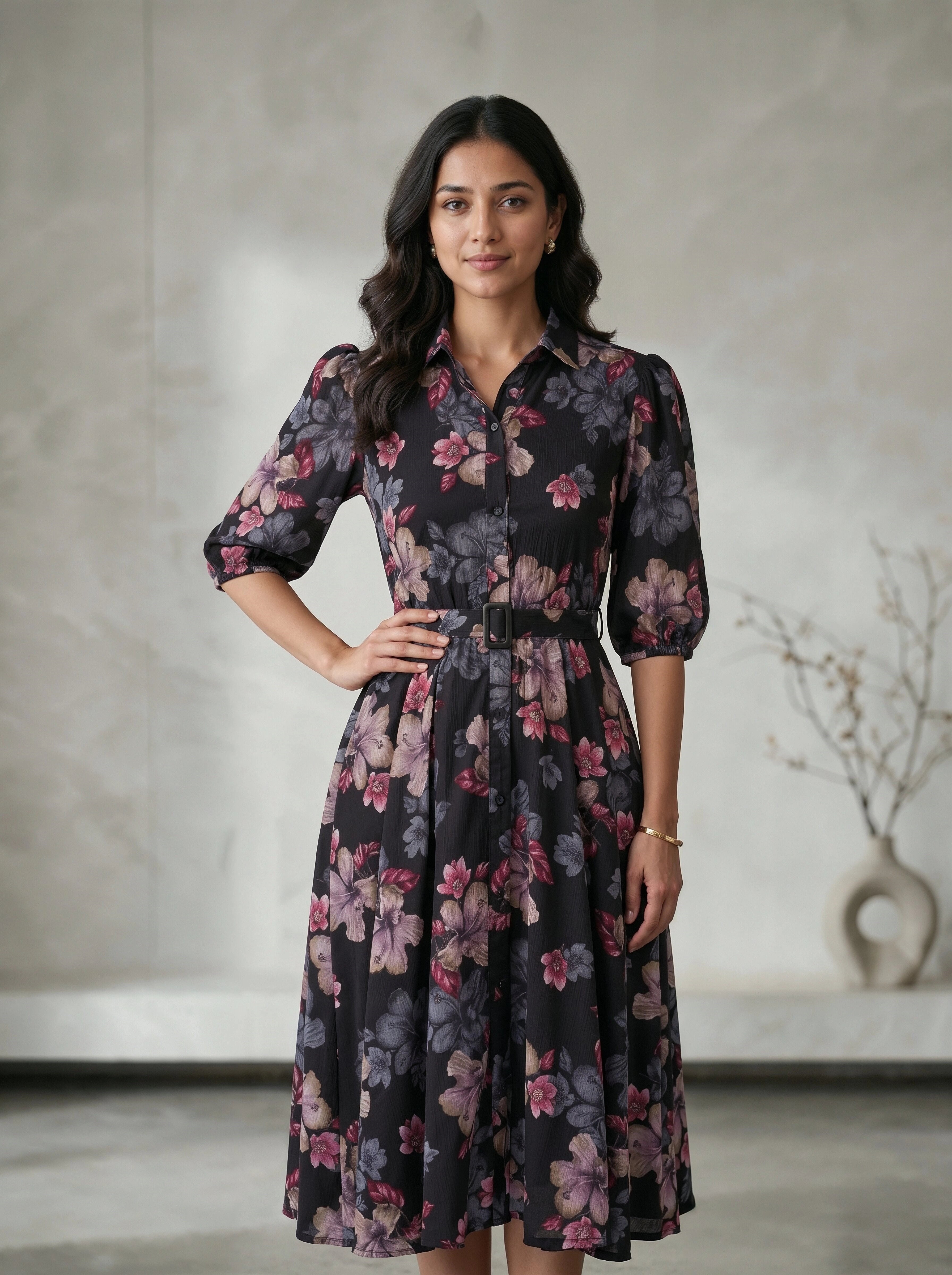 Woman wearing a floral dress against a neutral background