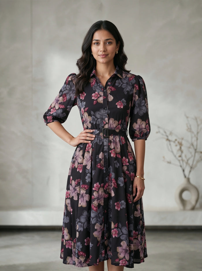 Woman wearing a floral dress against a neutral background