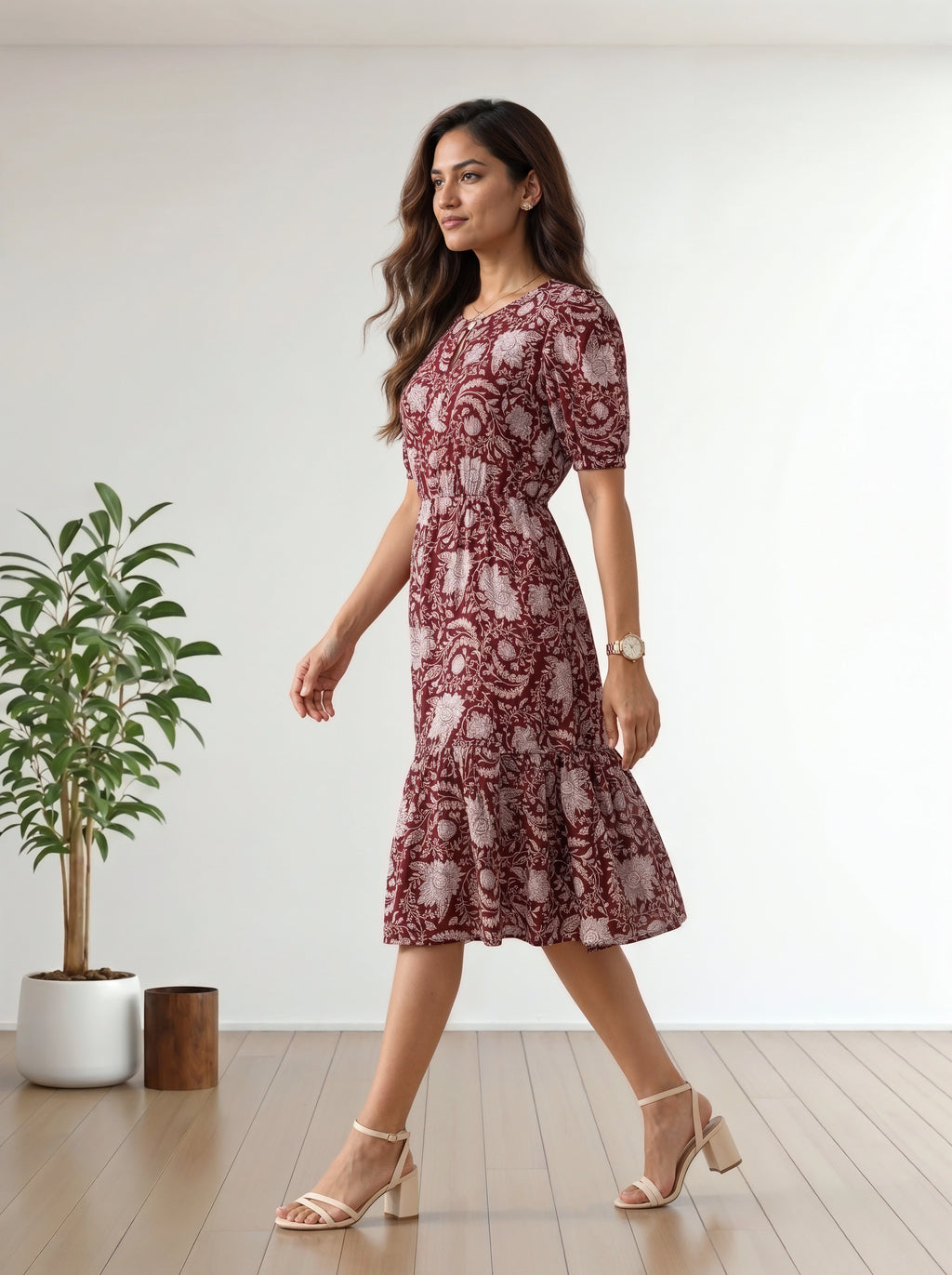 A woman modeling a short-sleeve, knee-length dress with a red and beige paisley pattern, walking in a minimalist room with a wooden floor and a potted plant.
