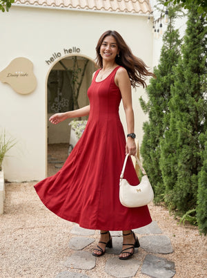 Crimson Red Sleeveless Fit & Flare Midi Dress