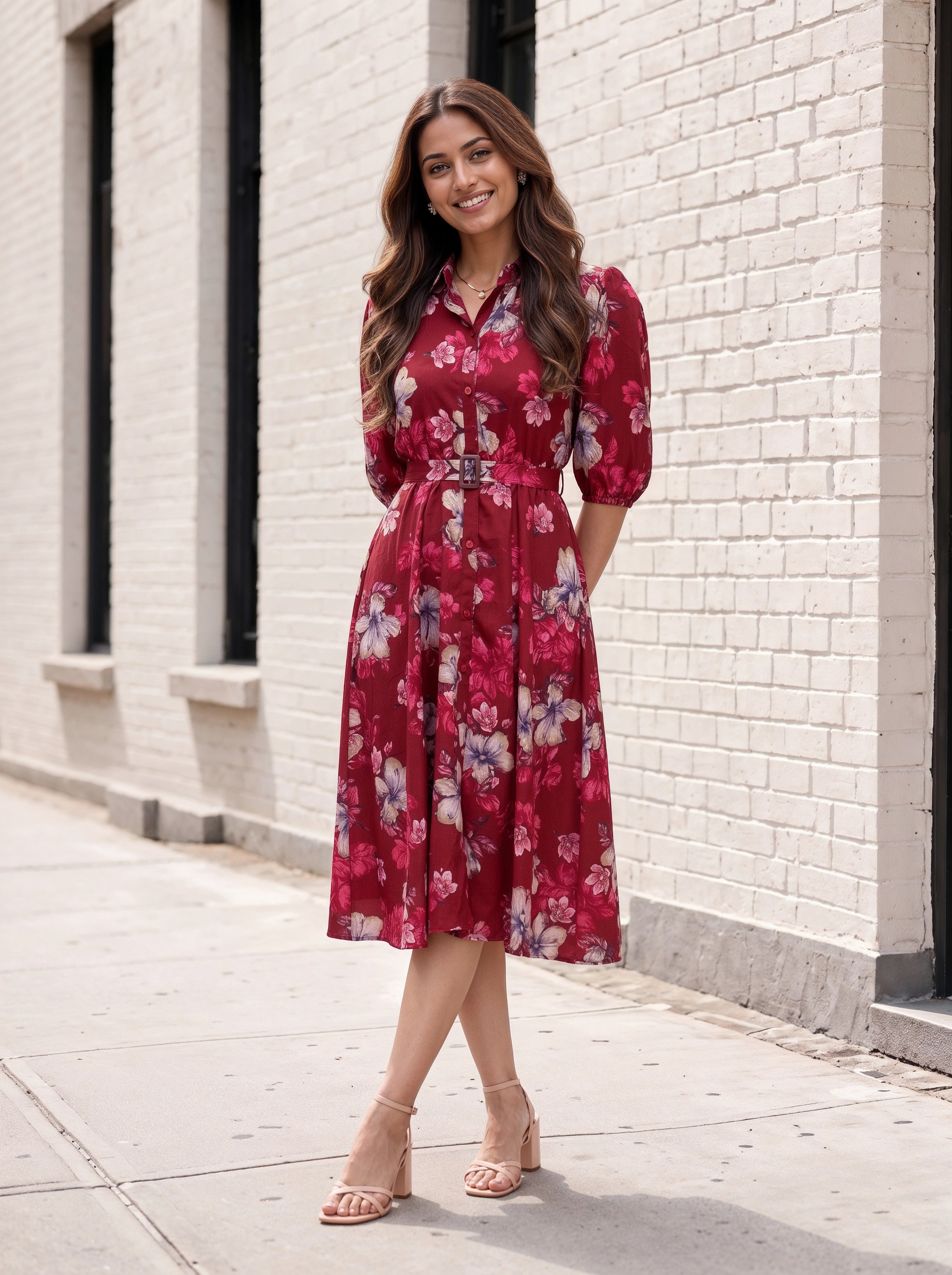 A woman stands on a sidewalk in front of a white brick building, wearing a red floral midi dress with puff sleeves and a tie waist, paired with beige heeled sandals.