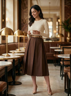 Woman in a brown skirt and white top standing in a stylish cafe.