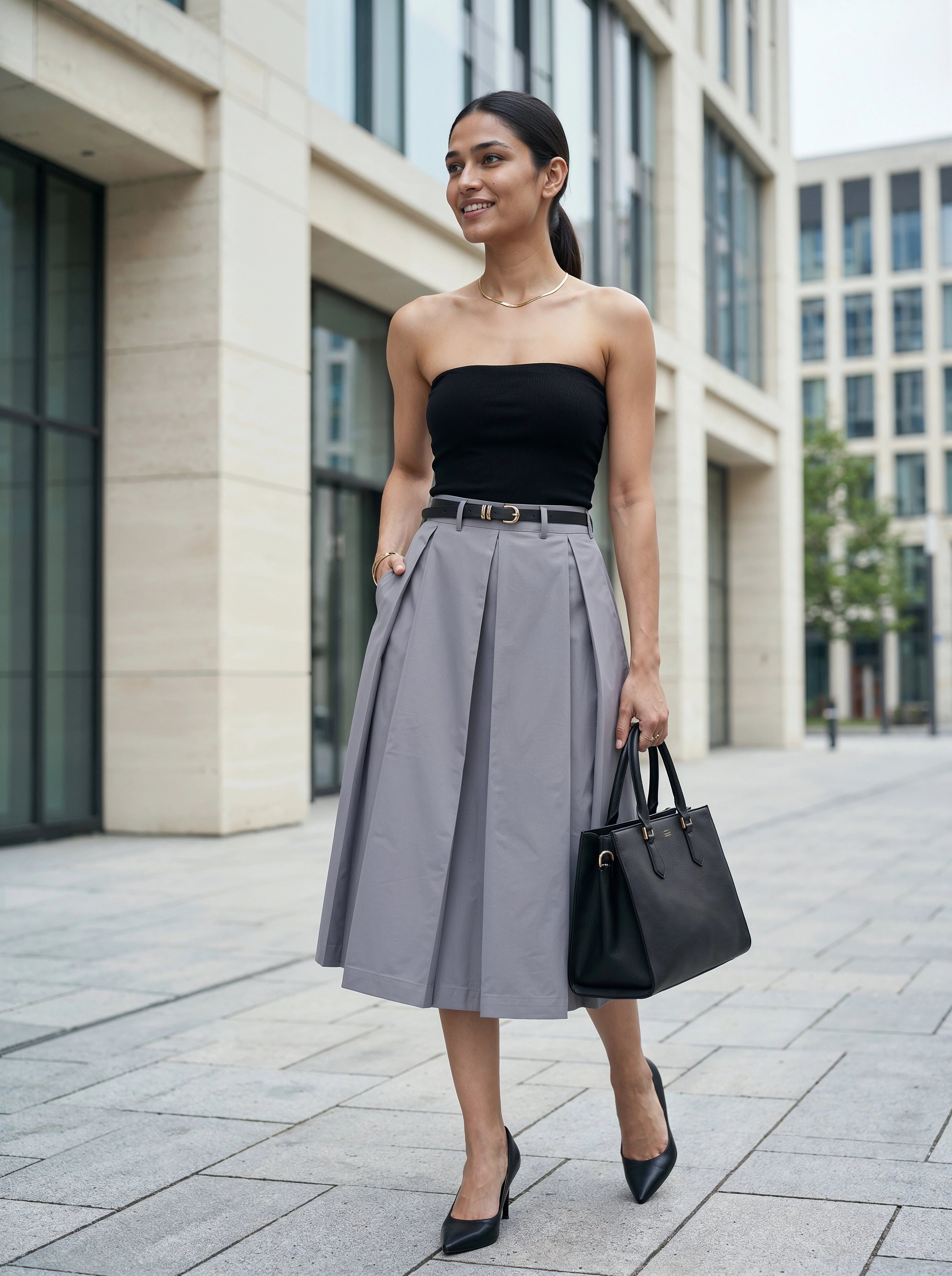 Woman in black strapless top and gray skirt standing in an urban setting