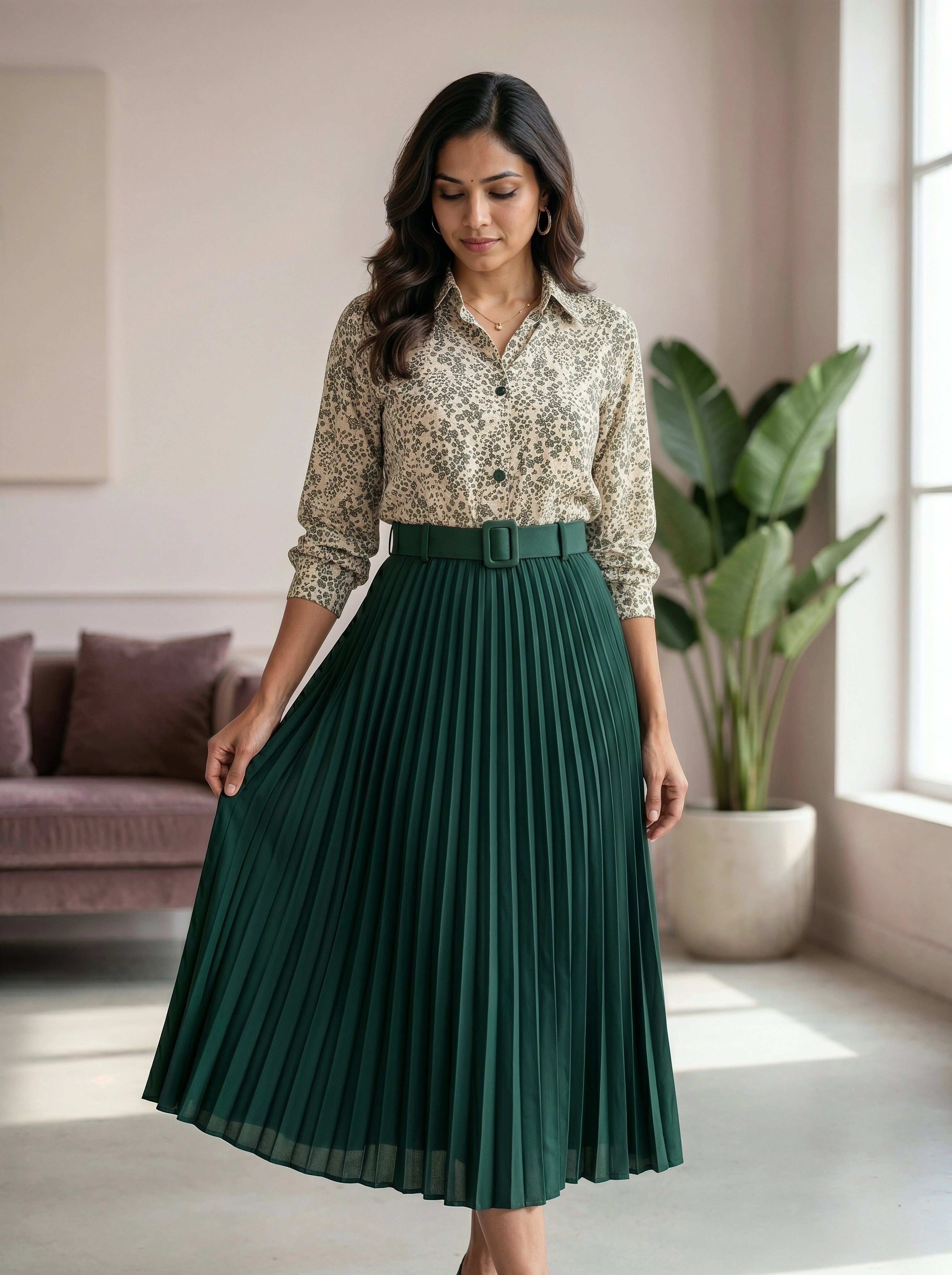 Woman wearing a floral blouse and green pleated skirt in a room with a couch and plant.