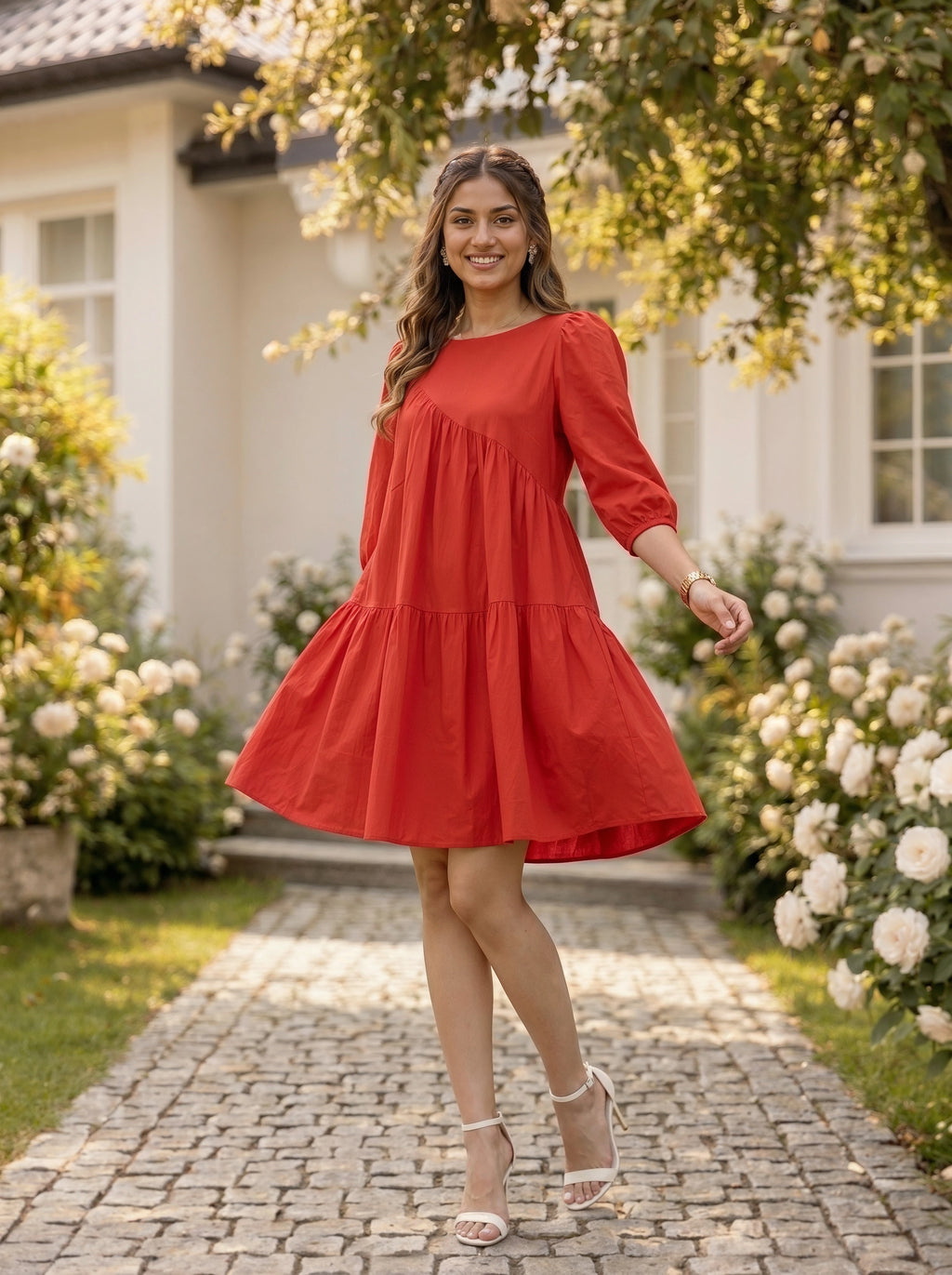 Woman in a red dress standing on a stone path with flowers and a house in the background