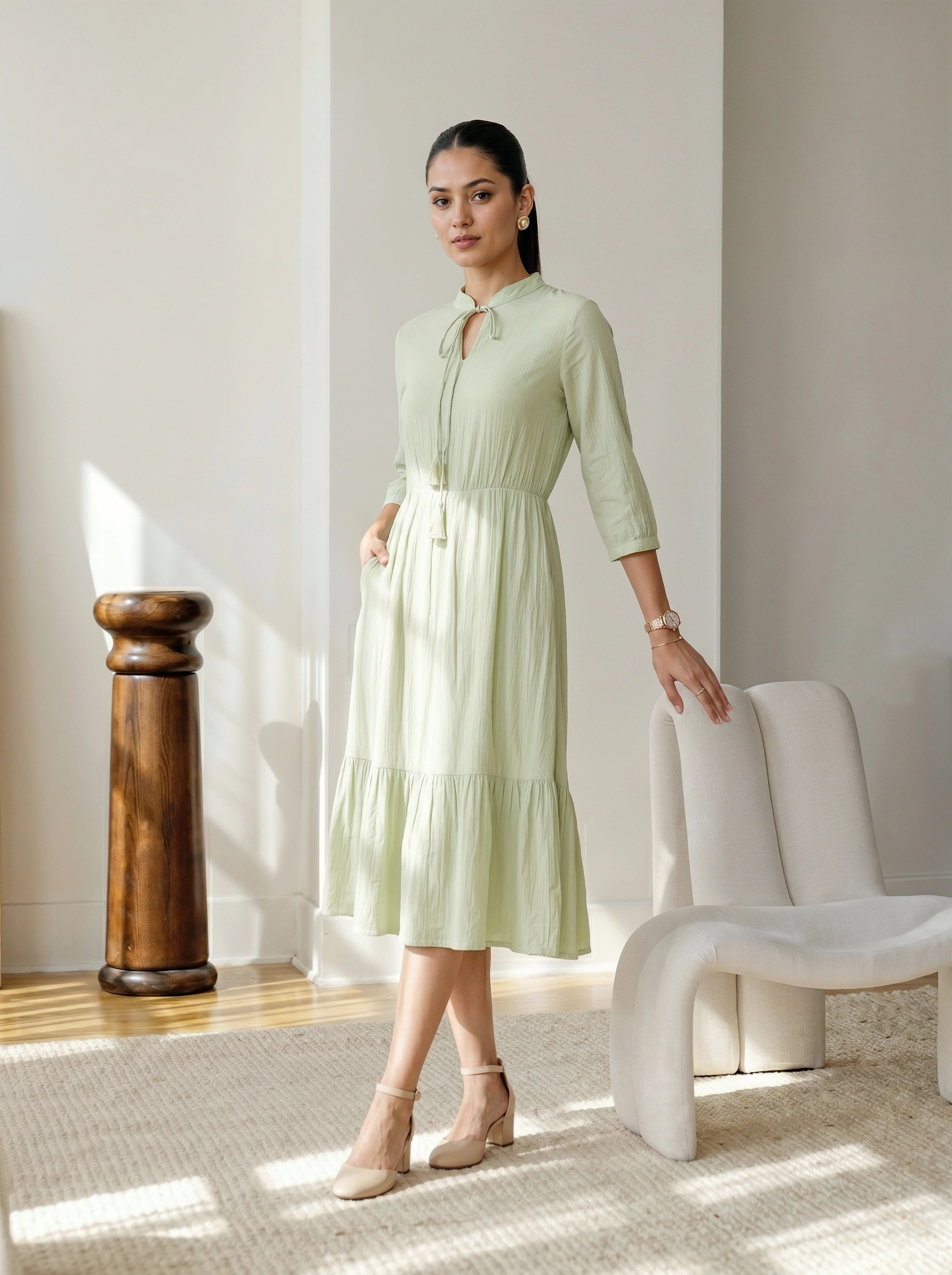 Woman in a light green dress standing in a well-lit room with a chair and decorative column.